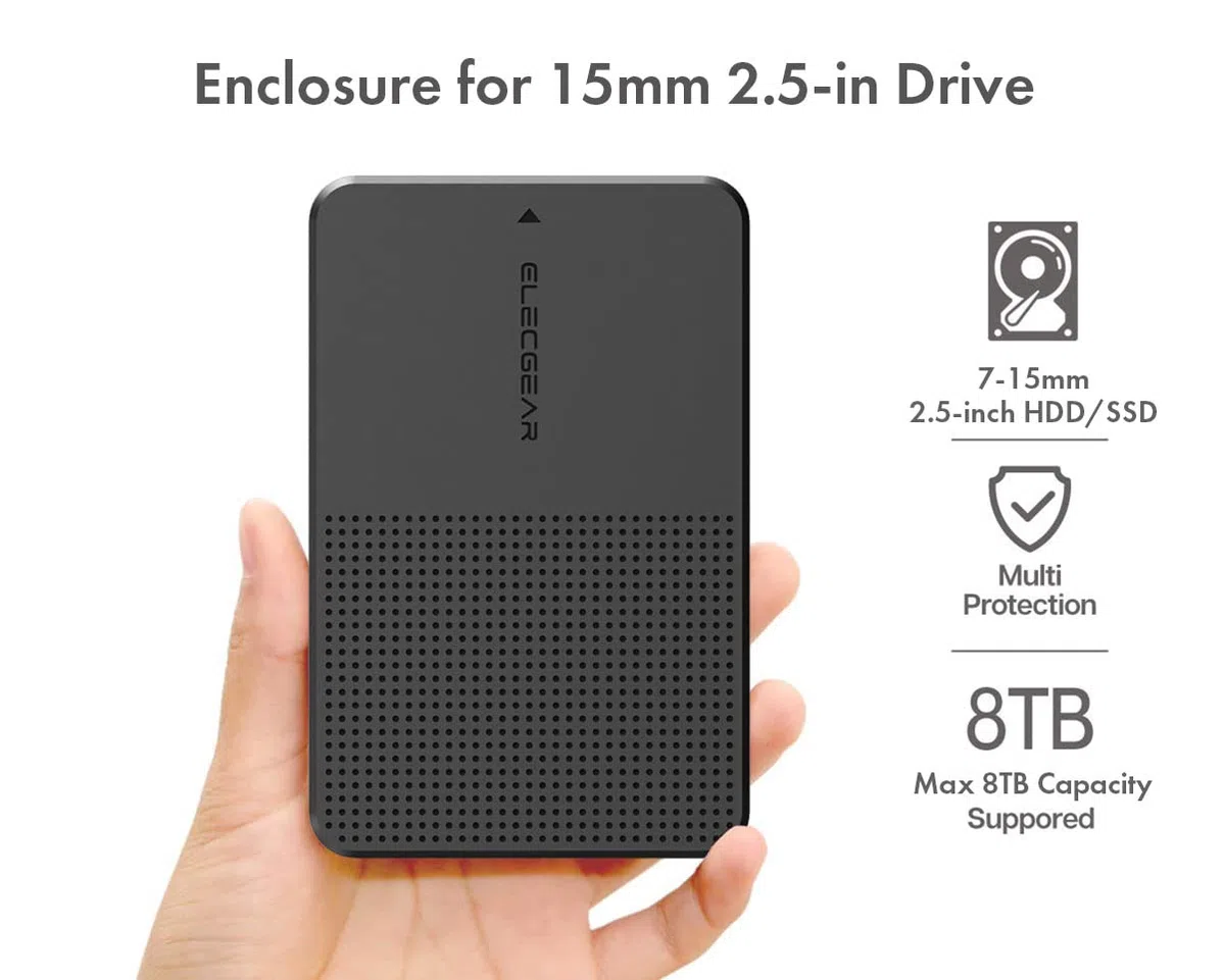 ElecGear USB C 3.1 Gen2 Boîtier Externe pour Disque Dur 2.5'' Pouces de 7mm à 15mm, Adaptateur Case Caddy pour SATA Hard Drive SSD et HDD, Type-A Câble avec USB Type-C Convertisseur