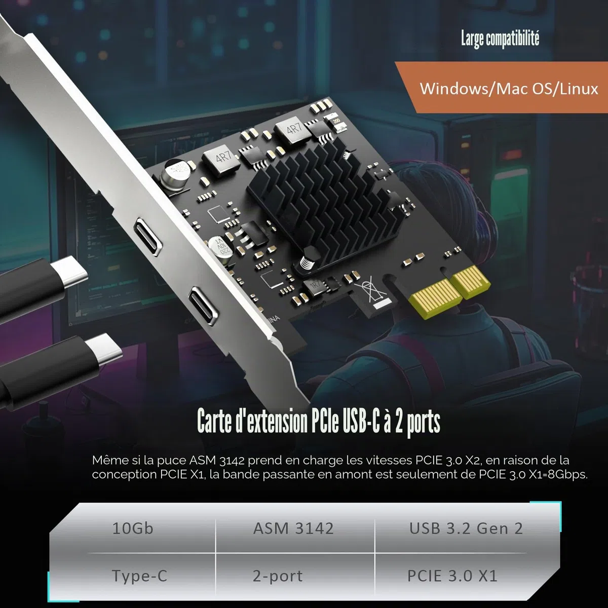 GLOTRENDS U3142X1 Carte d'extension PCIe USB 10Gb 2 Ports, 2 Ports USB-C (USB 3.2 Gen 2), Interface PCIe X1, Compatible avec Windows, Linux et macOS
