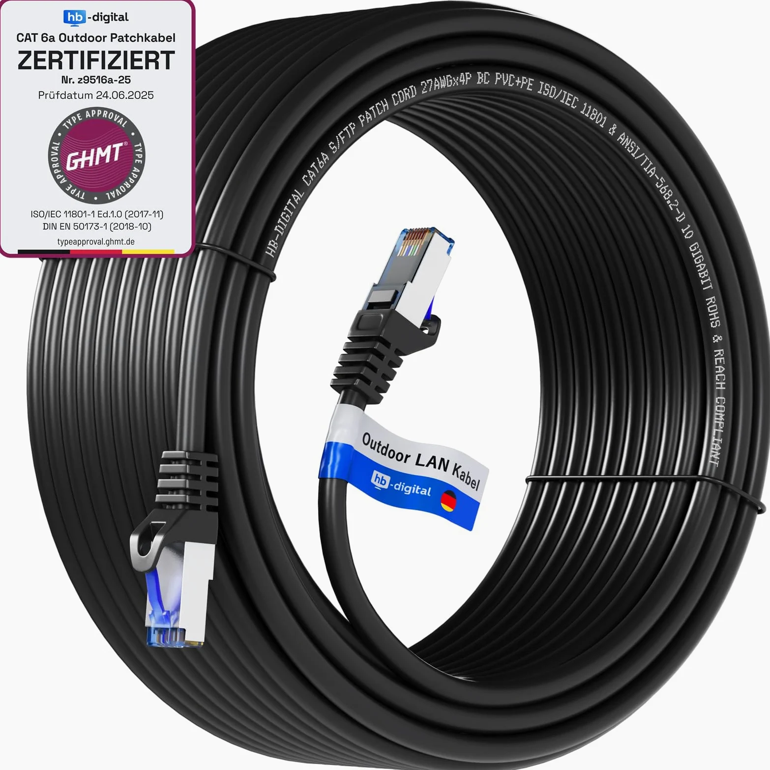 HB-DIGITAL 25m Cable Ethernet CAT6a Câble Réseau Extérieur Intérieur Connecteur RJ45 -Certifié GHMT- S/FTP PIMF 10Gbit/s AWG26 IP66 Résistant à la poussière/à l'eau/à l'huile/protégé contre UV -Noir