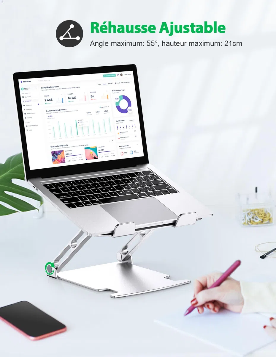 Glangeh Support Ordinateur Portable Aluminium, Refroidissement Support PC Portable Ventilé avec Double Axe Rotation Réglables Pliable Ergonomique, Compatible avec Tablette, MacBook Pro, Laptop 10"-16"
