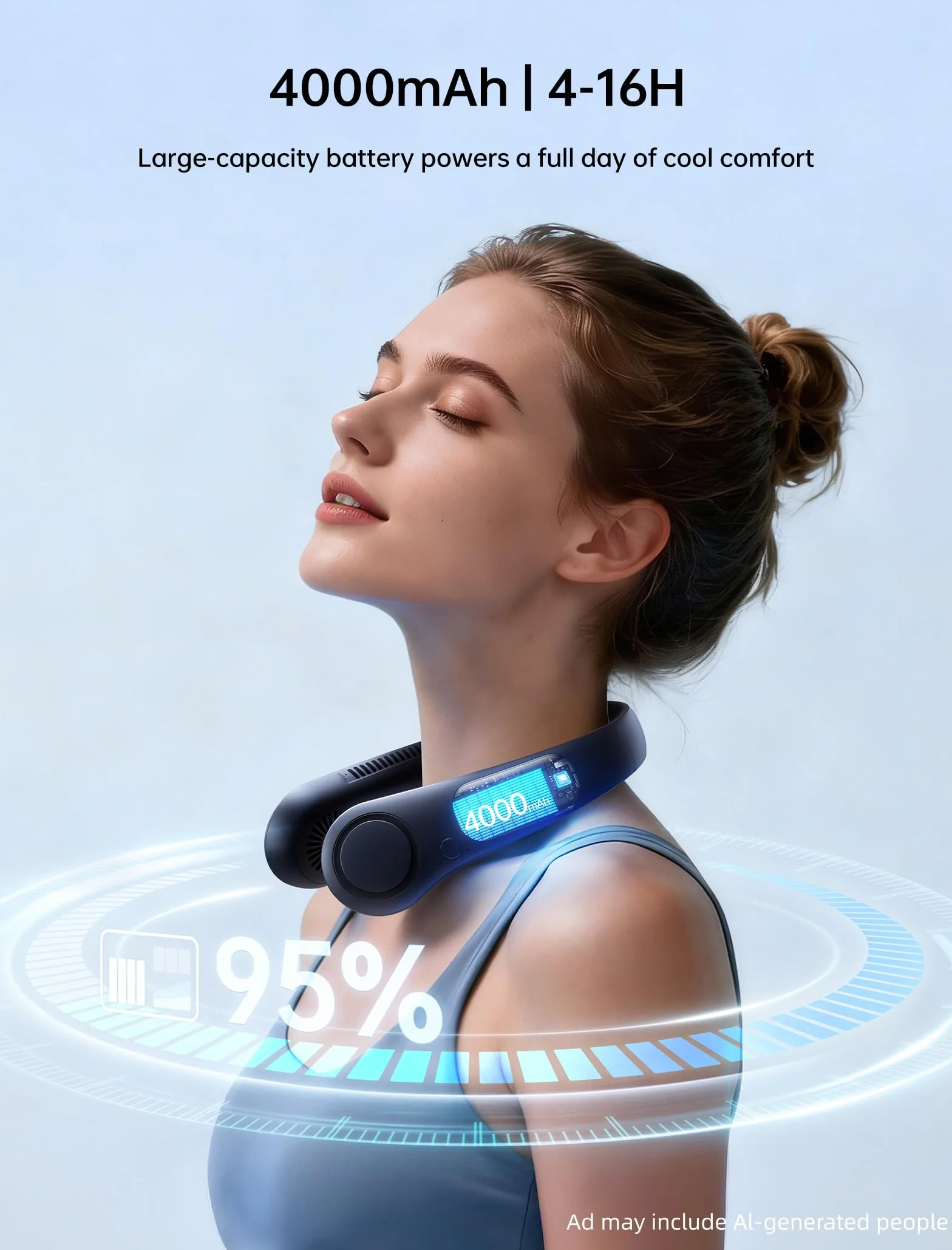 JISULIFE Ventilateur de Cou Portable, Ventilateur Mains Libres Sans Pale, Ventilateur Personnel Portable Fonctionnant Avec Une Batterie de 4000 mAh, Ventilateur USB, 3 Vitesses - Bleu Foncé