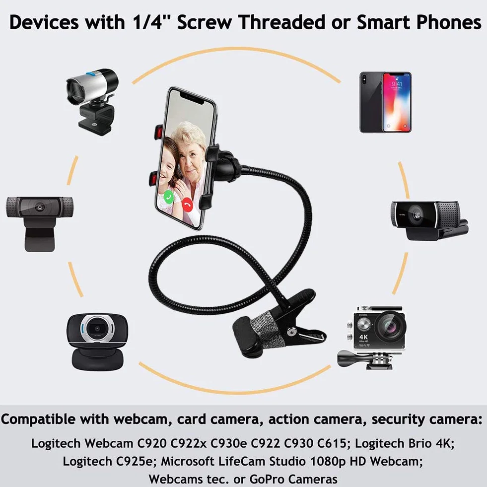 Ausla Support de Webcam avec Col de Cygne Flexible, 58,4 cm, Bras Réglable 360°, Clip Universel pour GoPro et Téléphone, Vis 1/4