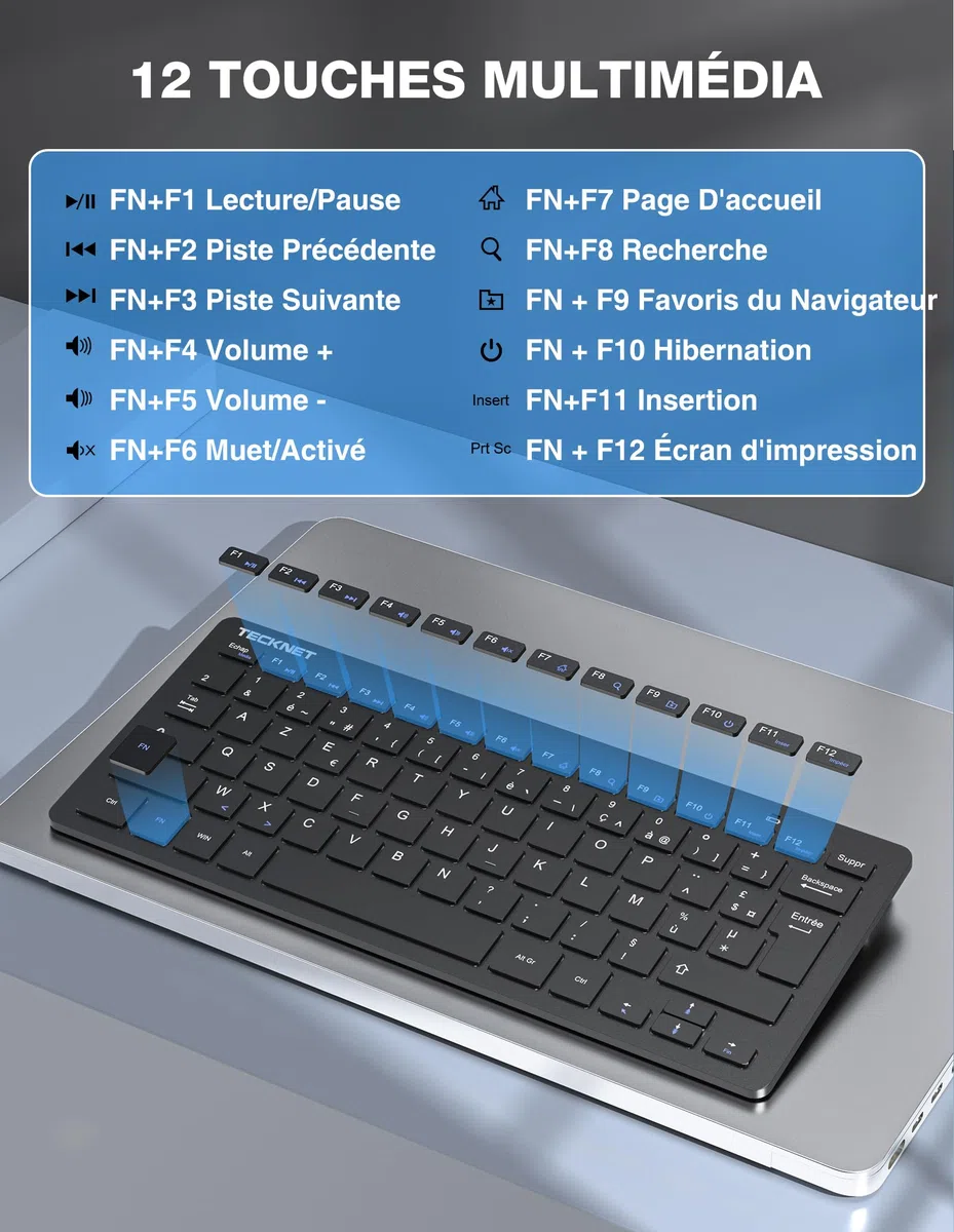 TECKNET Clavier et Souris sans Fil, 2,4 G Silencieux avec Récepteur Nano USB, France AZERTY, 12 Raccourcis Multimédia pour Ordinateur, PC, Ordinateur Portable, Ordinateur de Bureau