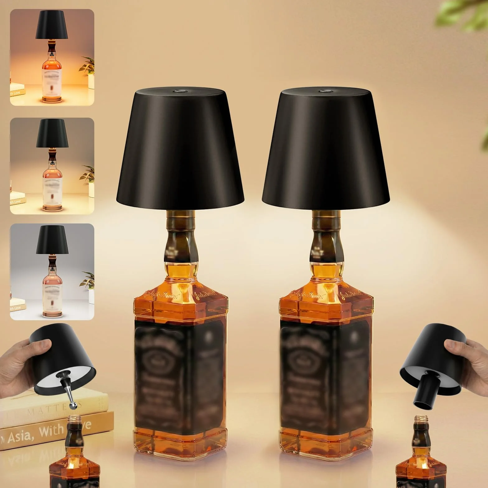 Lot de 2 lampes LED en bouteille - Lampe de table sans fil pour l'intérieur et l'extérieur - 3 couleurs de lumière - Intensité variable tactile en continu - Étanchéité IP54 - Boîtier