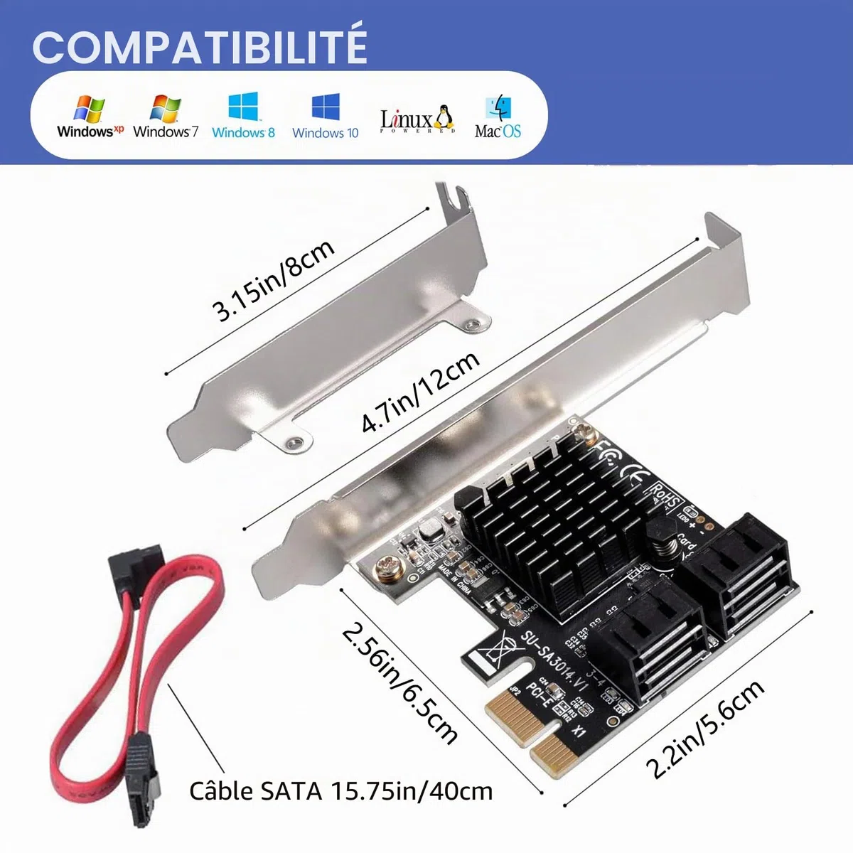 Carte PCIE 1 x SATA 4 Ports, avec 4 câbles SATA et Support à Profil Bas, contrôleur PCIE vers SATA 3.0 6 Gbit/s, Carte d'extension PCIE vers SATA, Carte PCIE contrôleur SATA