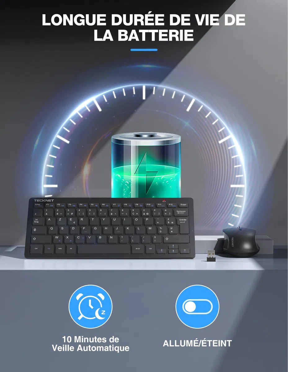 TECKNET Clavier et Souris sans Fil, 2,4 G Silencieux avec Récepteur Nano USB, France AZERTY, 12 Raccourcis Multimédia pour Ordinateur, PC, Ordinateur Portable, Ordinateur de Bureau