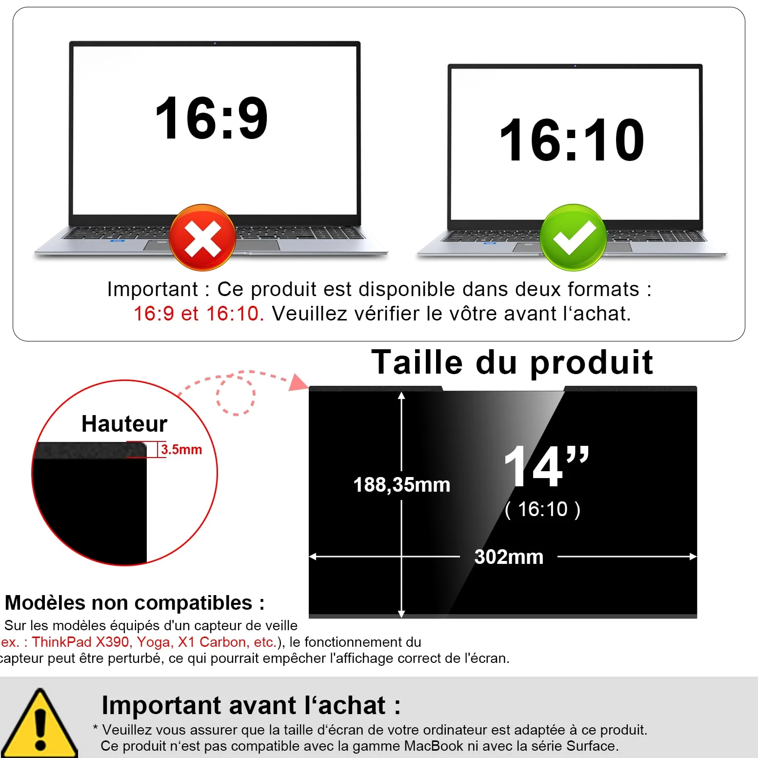 STARY Magnétique Filtre de Confidentialité pour Ordinateur Portable 14 Pouces 16:10 - Ecran Confidentialité Anti Espion,Anti-Lumière Bleu Laptop Privacy Screen Protector