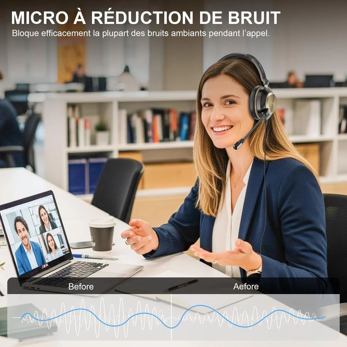 Wantek Casque 882F Stéréo avec Microphone à Réduction de Bruit - 3,5 mm-USB-Type-C pour Ordinateur Portable