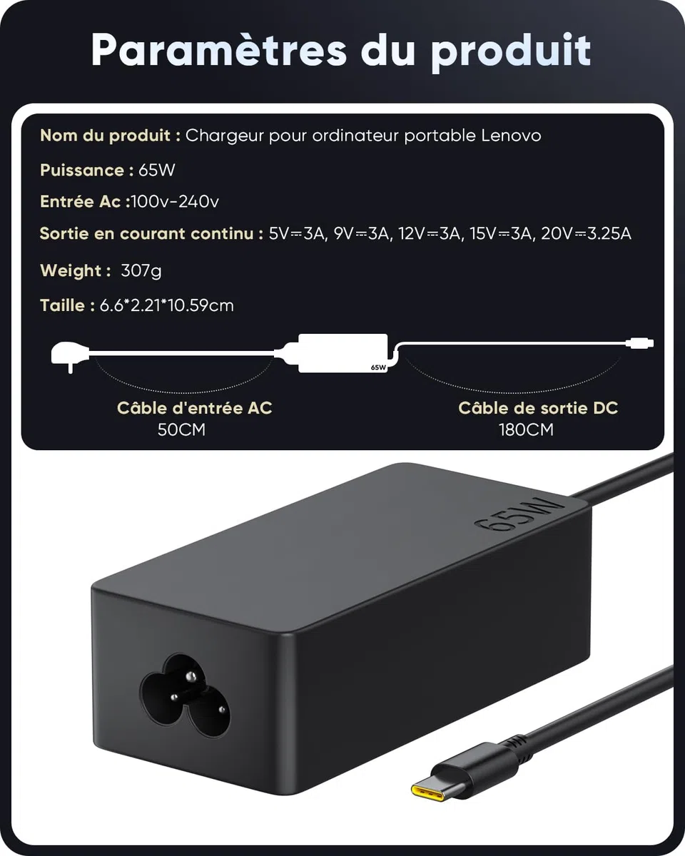 Chargeur 65W USB C Alimentation pour Lenovo ThinkPad X1 Carbon T14 T15 E14 E15 X13 L13 L14 L15 T480 T480s T490 T580 T590 E480 E490 E580 E590 X280 X380 L380 Yoga 720 730 C740 C940 910 Type C Adaptateur