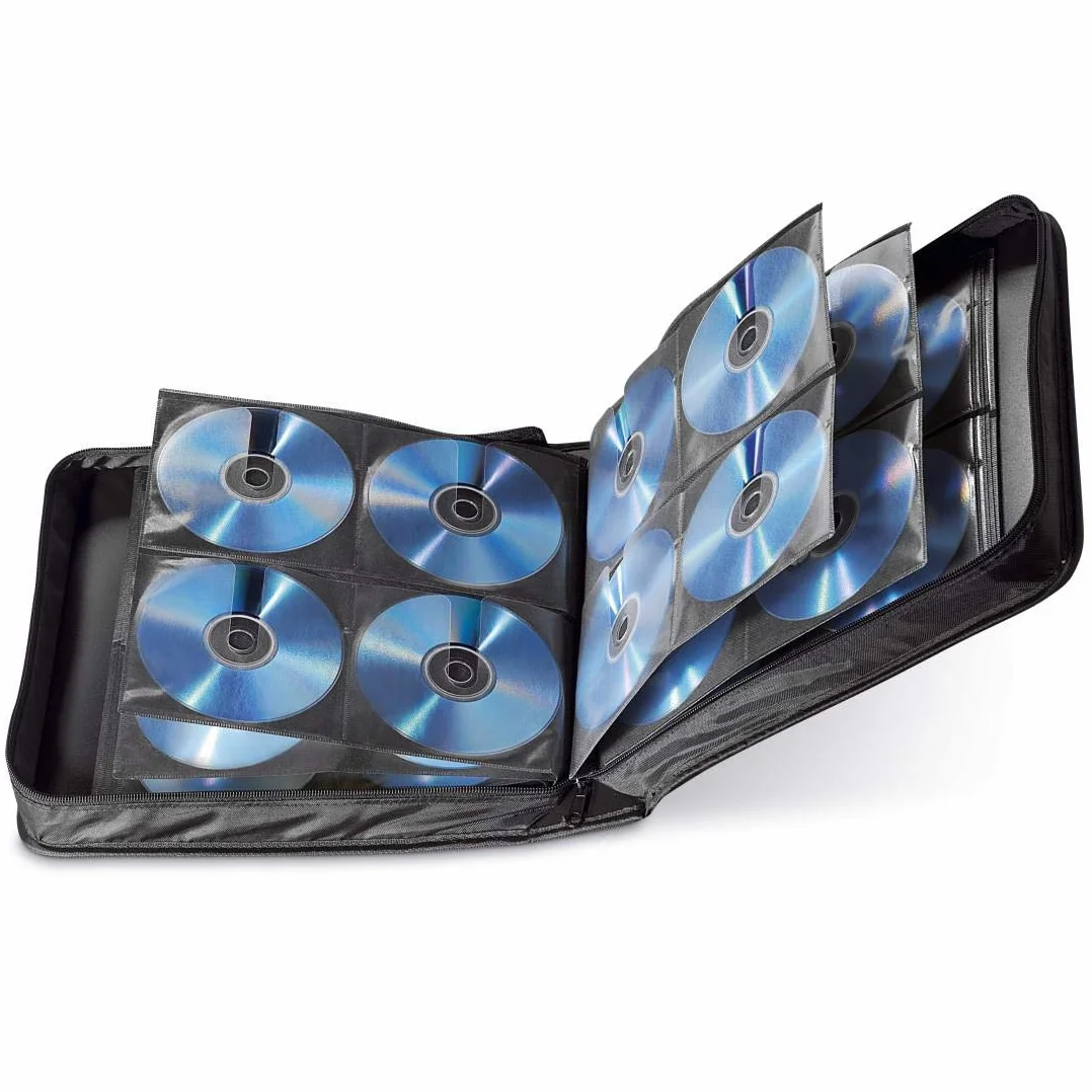 Hama Pochette Range CD pour 208 CD/DVD/Blu-Ray, Sacoche de Rangement Haute Capacité, Classeur Gain de Place Zippé avec Poignet, Etui de Transport, CD Wallet, Noir