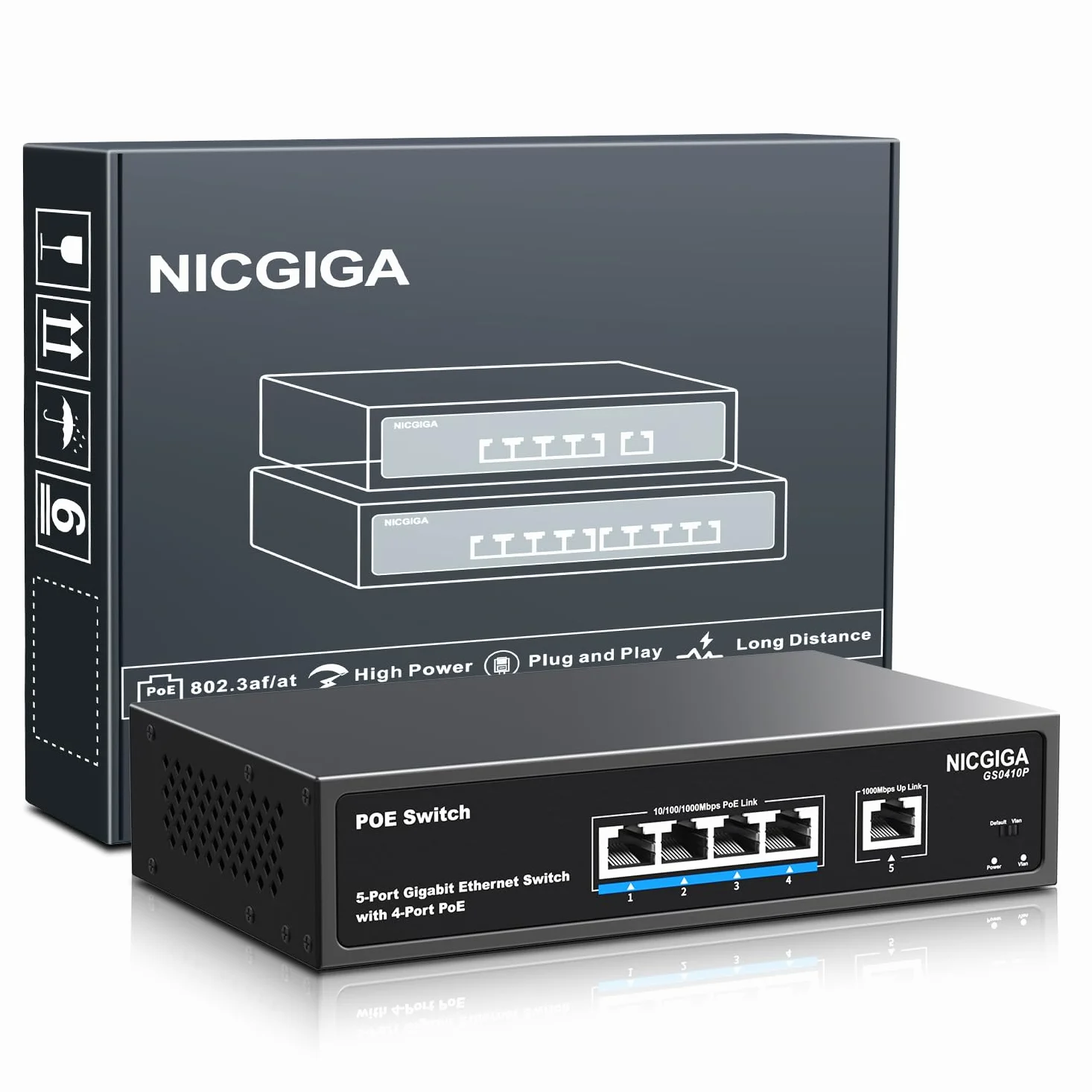 Commutateur PoE Gigabit 4 Ports Non administré avec 4 Ports IEEE802.3af/at PoE @78W, 1 x 1000Mbps Uplink, NICGIGA 5 Port Network Power Over Ethernet Switch, VLAN Mode, Desktop/Wall-Mount.