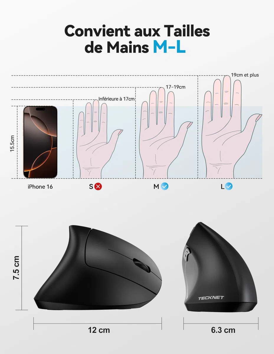 TECKNET Souris Ergonomique sans Fil Rechargeable, Souris Verticale Bluetooth 3 Modes (BT5.0/3.0+2.4G) 4800 DPI Réglable, 6 Boutons, Souris Silencieuse pour Ordinateurs, Portables, Mac, PC, Windows