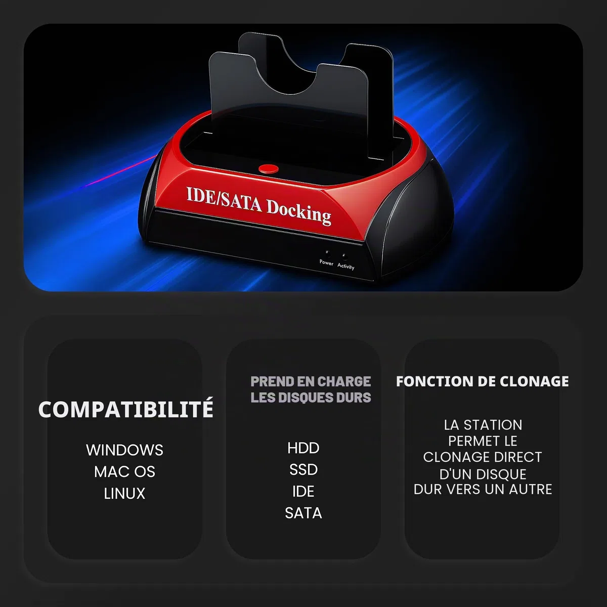 Retoo SATA SSD/HDD Dock pour Disque Dur, 2.5” – 3.5”, SATA I/II/III IDE USB 3.0 Jusqu'à 480 Mb/s, Fonction OTB, Plug&Play, Indicateurs LED, Transfert De Données SATA 1,5GB/s - 3GB/s Stations D'accueil