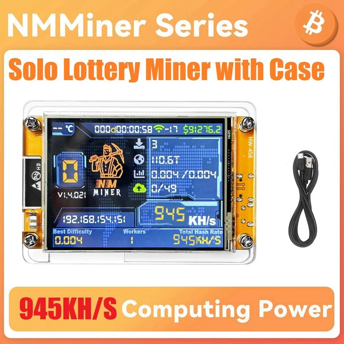 + Boîtier 945KH/S Harshrate 2,8 Smart Display Bitcoin Crypto Solo Lotery Miner amélioré