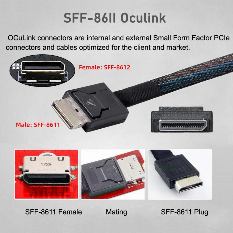 CY Câble, coudé à 90 degrés vers la gauche, OcuLink PCIe 4.0 PCI-Express SFF-8611 4i vers SFF-8611, câble de données actif pour eGPU-SSD (50 cm)