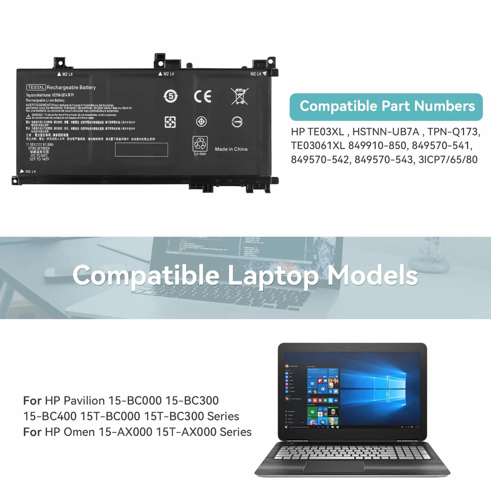 K KYUER TE03XL Batterie pour HP Omen 15-ax000 Pavilion 15-bc000 15-bc000ng bc003ng bc004ng bc005ng bc006ng bc009ng bc011ng 15-ax007ng ax003ng ax000nl ax005ng ax001ns ax008ns ax038nf ax009ng TPN-Q173