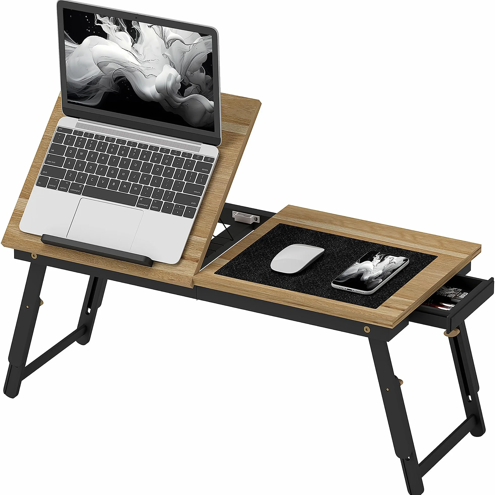 HOMCOM Table de lit Pliable et réglable, Plateau pour Ordinateur Portable avec Plateau inclinable, tiroir, Bureau de lit en Bambou, 83,5l x 33P x 23,5-34H cm, chêne