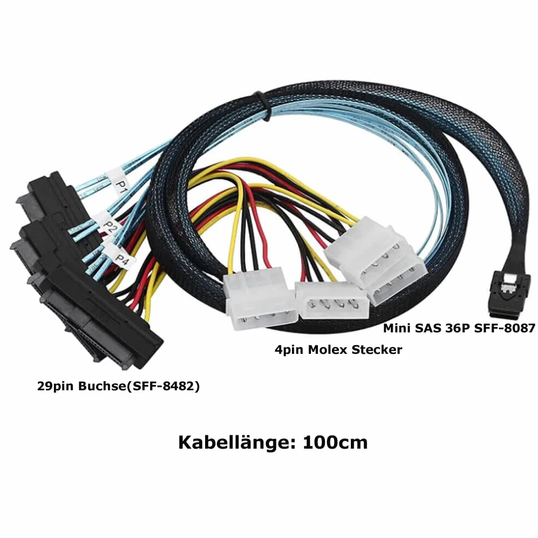 P47CS Mini SAS 36 broches mâle (SFF-8087) vers 4 x 29 broches SFF-8482 4 broches Molex SAS Câble d'alimentation IDE