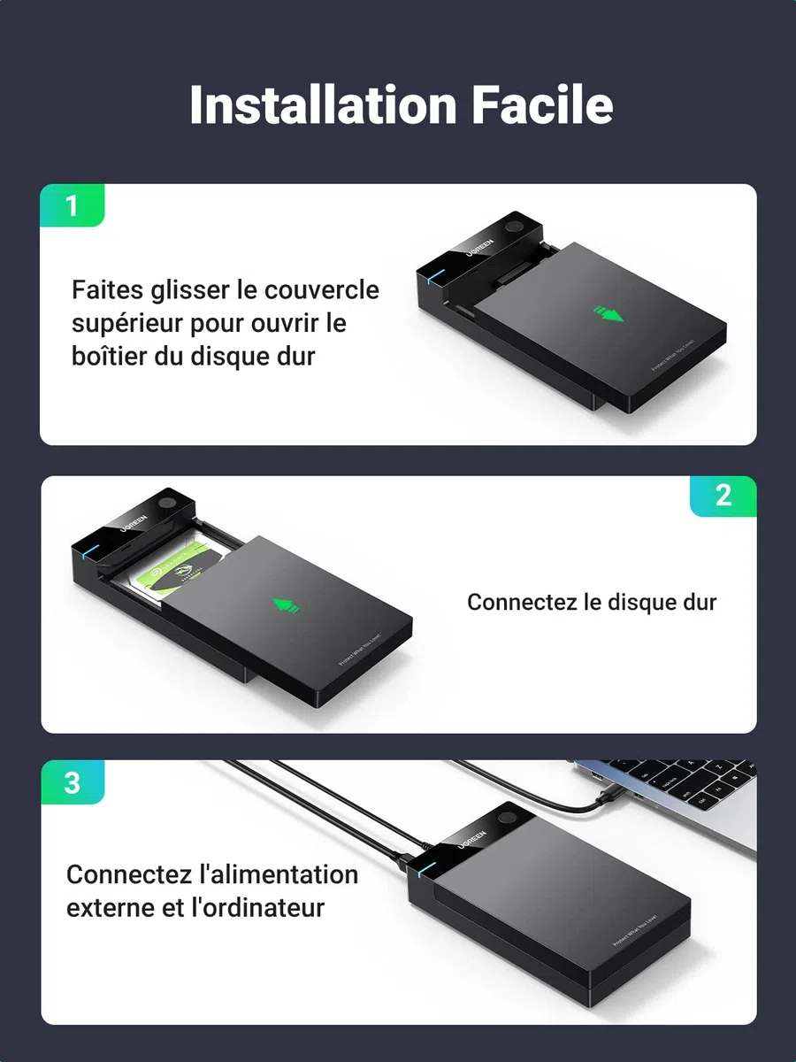 UGREEN Boîtier Disque Dur 3,5 Pouces Externe Adaptateur USB 3.0 vers SATA Disque Dur 3,5 2,5 Pouces HDD SSD Supporte UASP 5Gbps, Alimentation Supplémentaire 12 V 2 A Inclus