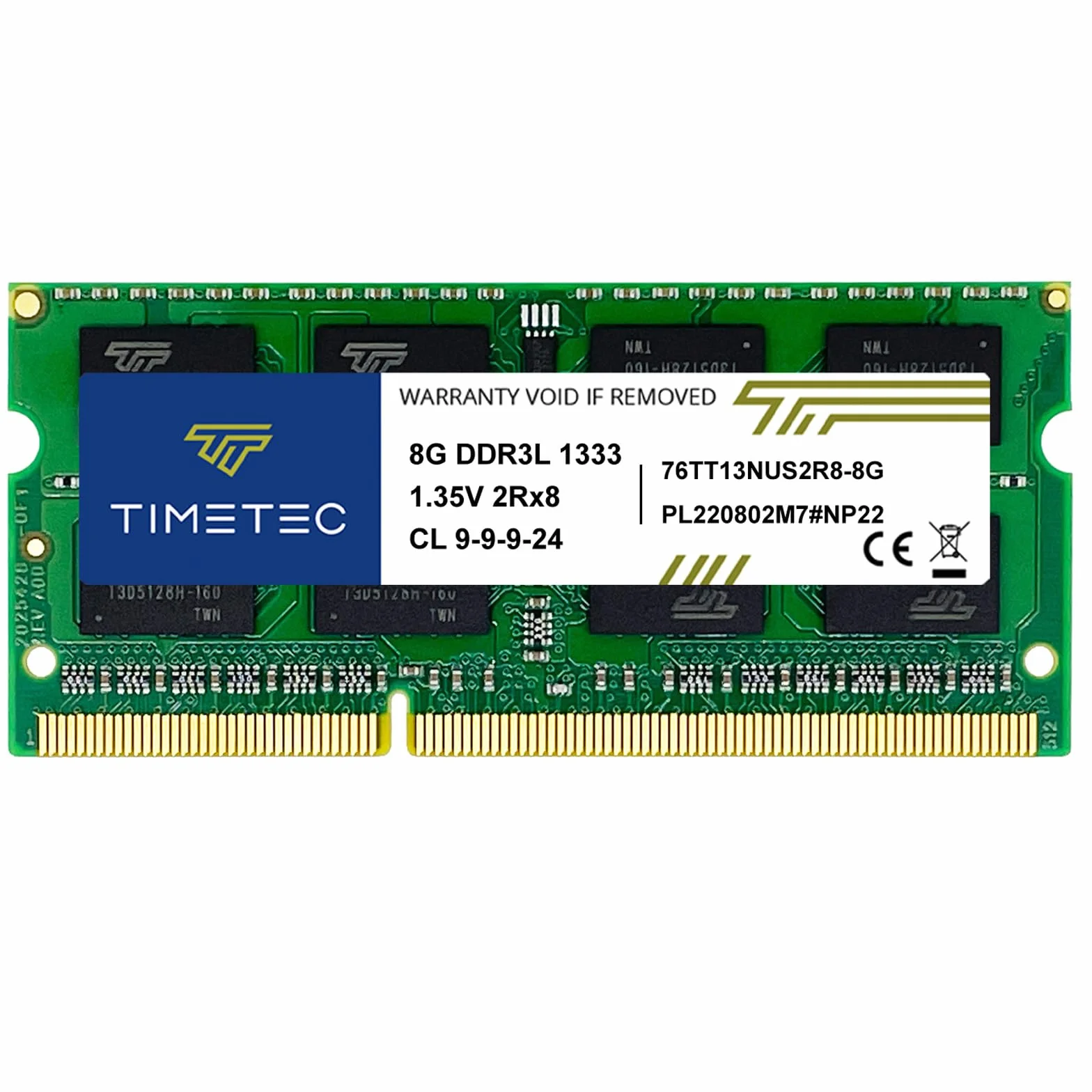 Timetec 8 Go DDR3/DDR3L 1333 MHz PC3-10600 Non-ECC Unbuffered 1,5 V/1,35 V CL9 2Rx8 Double Rank Basse Densité 204 Broches SODIMM RAM pour Ordinateur Portable