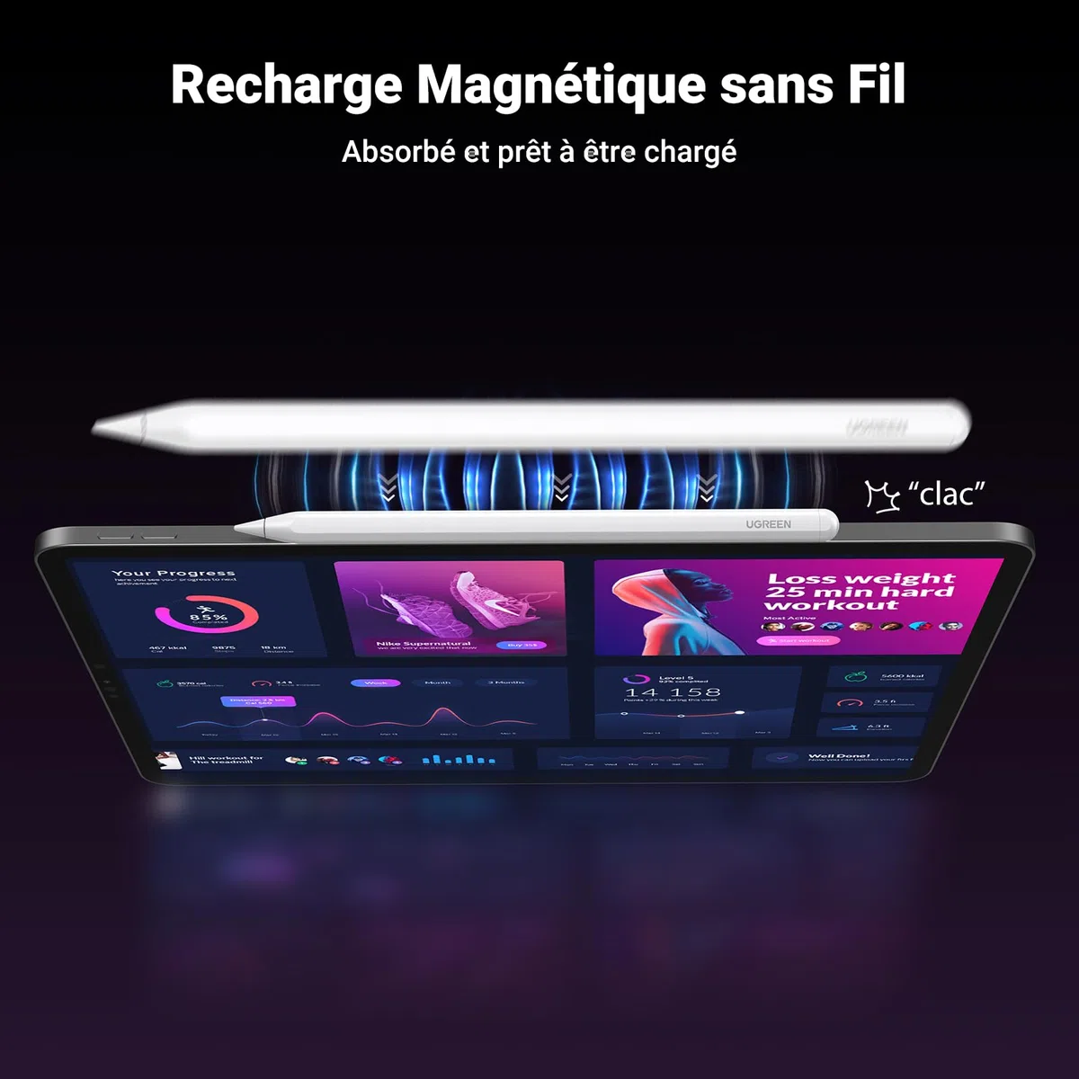 UGREEN Stylet Tactile Magnétique Charge sans Fil Rejet de Paume Détection d'Inclinaison Pencil Haute Précision Compatible avec iPad Pro 12,9/11 Pouces 2018-2022 Air 4/5 10 Mini 6