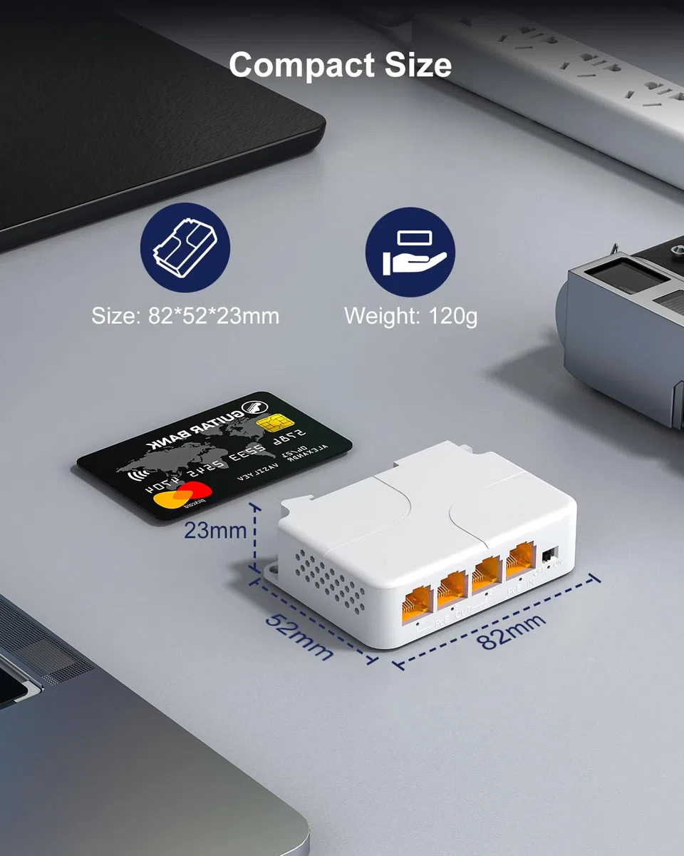 VIMIN Extendeur PoE Gigabit 4 Ports, 1 in 3 Out Répéteur PoE Intérieur Compatible IEEE802.3af/at + 1000 Mbps, Montage Mural et sur Rail DIN, Distance de Transmission de 100 m (328 pi), Plug & Play