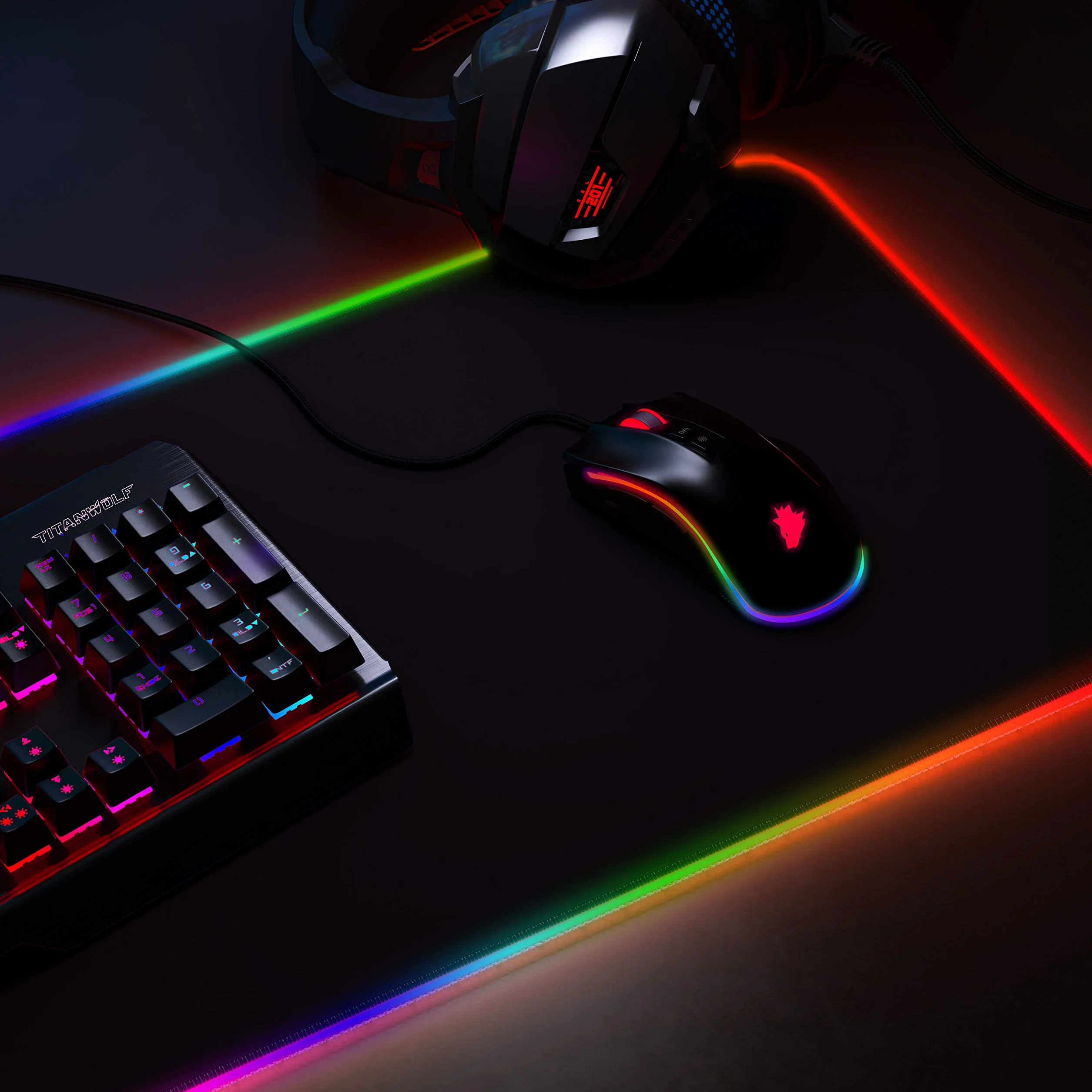 TITANWOLF - RGB Tapis de Souris Gaming XXL - LED Lumineuse Tapis de Souris Multicolore 11 Modes - 800 x 300mm - Surface antidérapante pour Les Joueurs de l’Ordinateur PC et du Mac - Noir