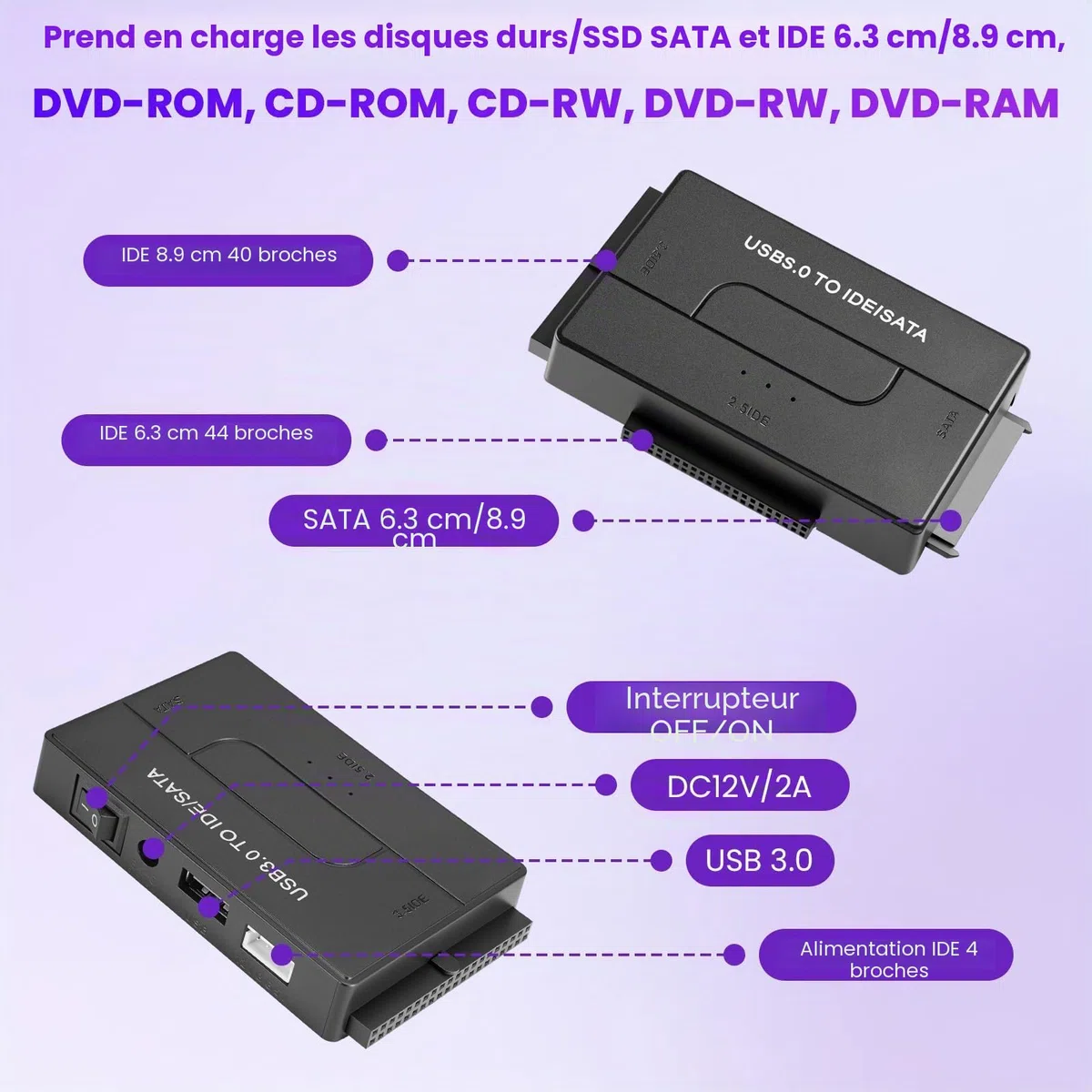 5Gbps IDE Adaptateur Disque Dur USB 3.0 pour 2.5"/ 3.5" HDD/SSD, Convertisseur SATA et IDEAdaptateur de Disque Dur IDE/SATA pour Windows avec Câble USB/Alimentation 12V 2A/SATACâble