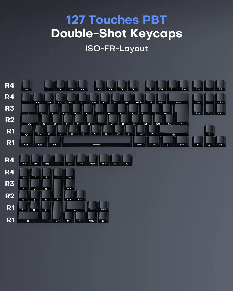 OMOTON Capuchons de Touches en Français, Cherry Profil 127 Touches PBT avec extracteur de Touches, Gravur Latéral pour MX Switch 61/68/84/87/96/108 ANSI/ISO-FR Layout claviers mécaniques - Noir