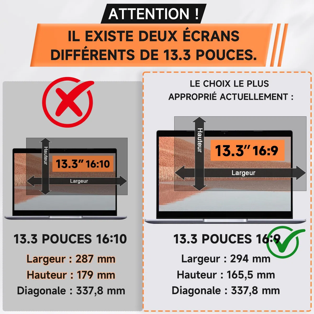 13.3 Pouces Filtre de Confidentialité pour écran Ordinateur Portable Aspect 16:9, Filtre Ecran 13.3 Pouces Compatible avec HP/Dell/Acer/Lenovo/Thinkpad/Envy/Asus/Xps, Amovible Filtre Lumière Bleu