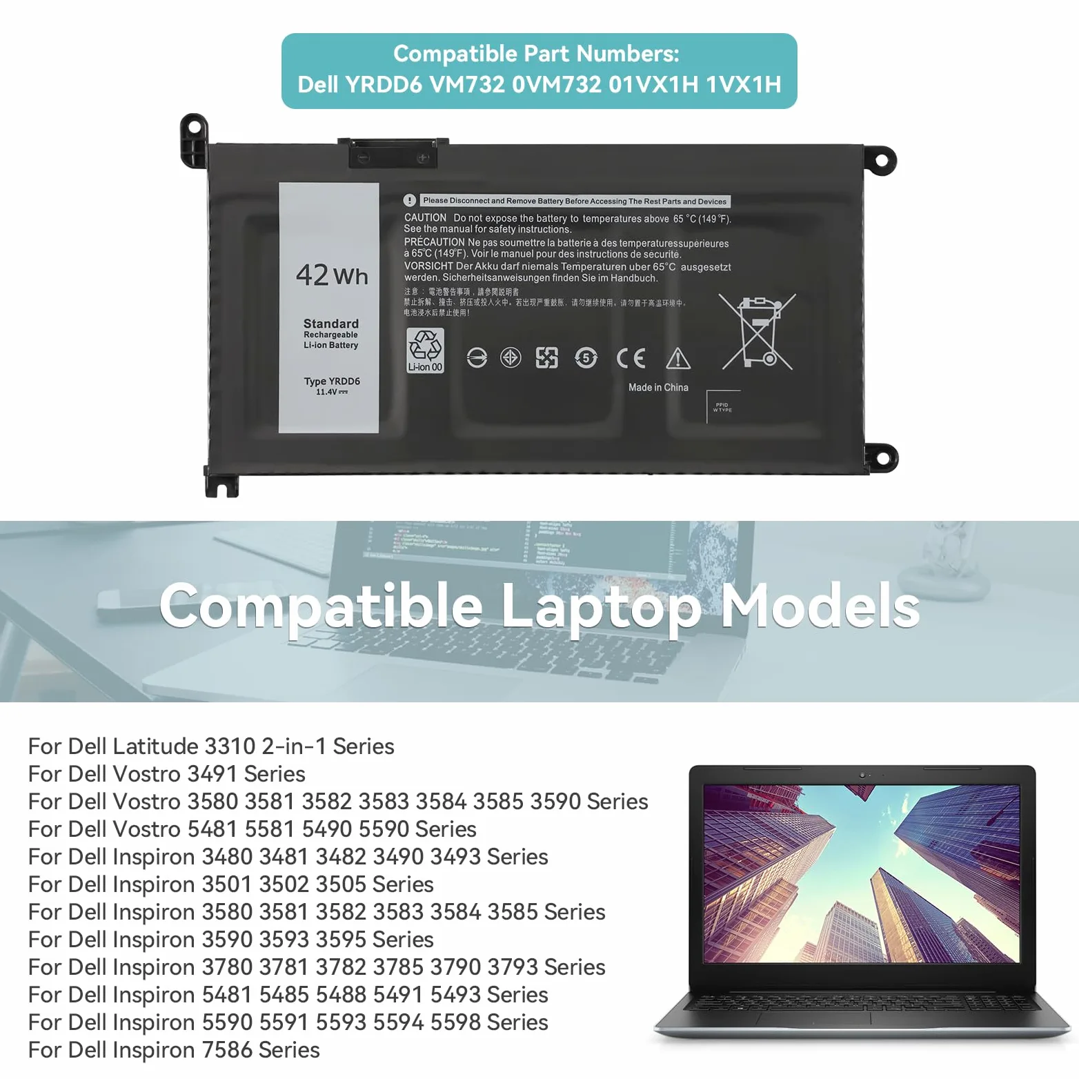 K KYUER 42Wh YRDD6 Batterie pour Dell Inspiron 3480 3481 3482 3490 3493 3590 3593 3595 3580 3581 3582 3583 3584 3585 3780 3781 3782 3785 3790 3793 5481 5485 5488 5491 5493 5590 5591 5593 5594 5598