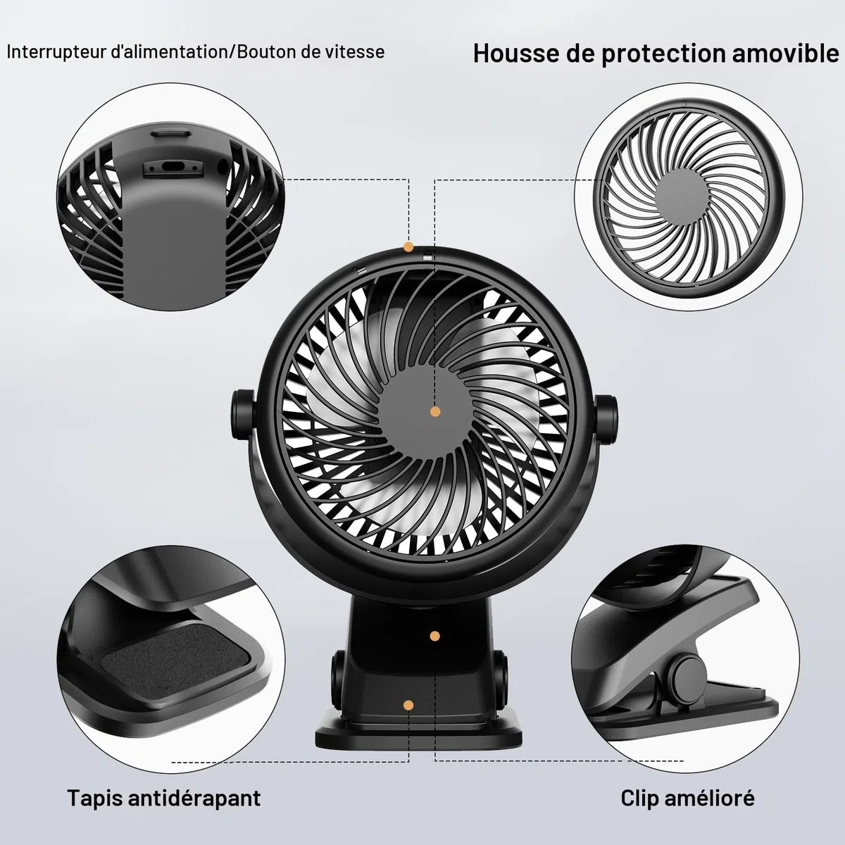 Mini Ventilateur Pince Silencieux, USB C Ventilateur Portable, Petit Ventilateur Bureau 3 Vitesses, Rechargeable Batterie Ventilateur de Table pour Chambre Poussette Camping Voiture Voyage