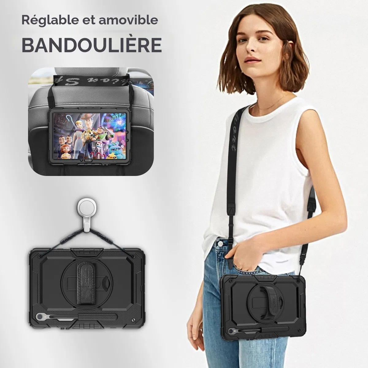 SEYMAC Coque pour Samsung Galaxy Tab S10 Lite / S10 FE / S9 FE 10.9 Pouces / S9 11 Pouces, Coque Antichoc avec Protecteur D'écran, Dragonne, Bandoulière, Support et Porte-Stylo, Noir