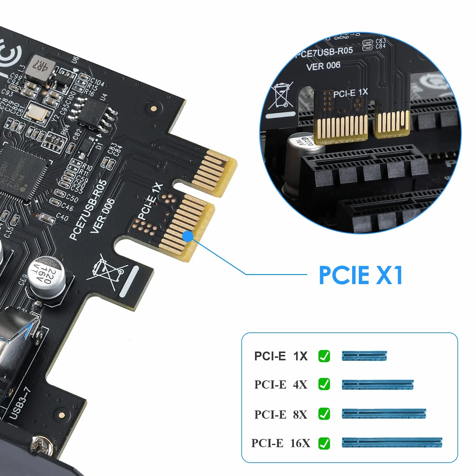 Carte PCIe avec 7 Ports USB 3.0,Carte d'extension PCI Express USB3.2 GEN 1(5 Gbit/s), Support UASP, Plug & Play, pour Windows 11/10/8/7/XP/Vista/Linux