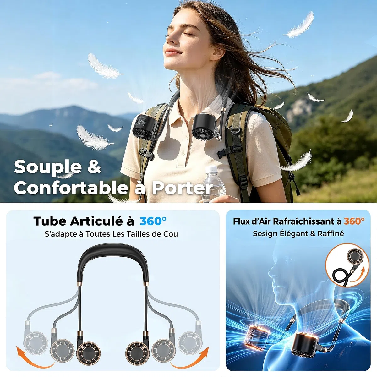 Ventilateur de Cou, 4000mAh USB Ventilateur de Cou Portable avec 6 Vitesses, Ventilateur Cou à Double Tête & Flux d’Air 360°, Ultra-Léger, Mains Libres pour Bureau, Voyage, Trajet, Extérieur, Cuisiner