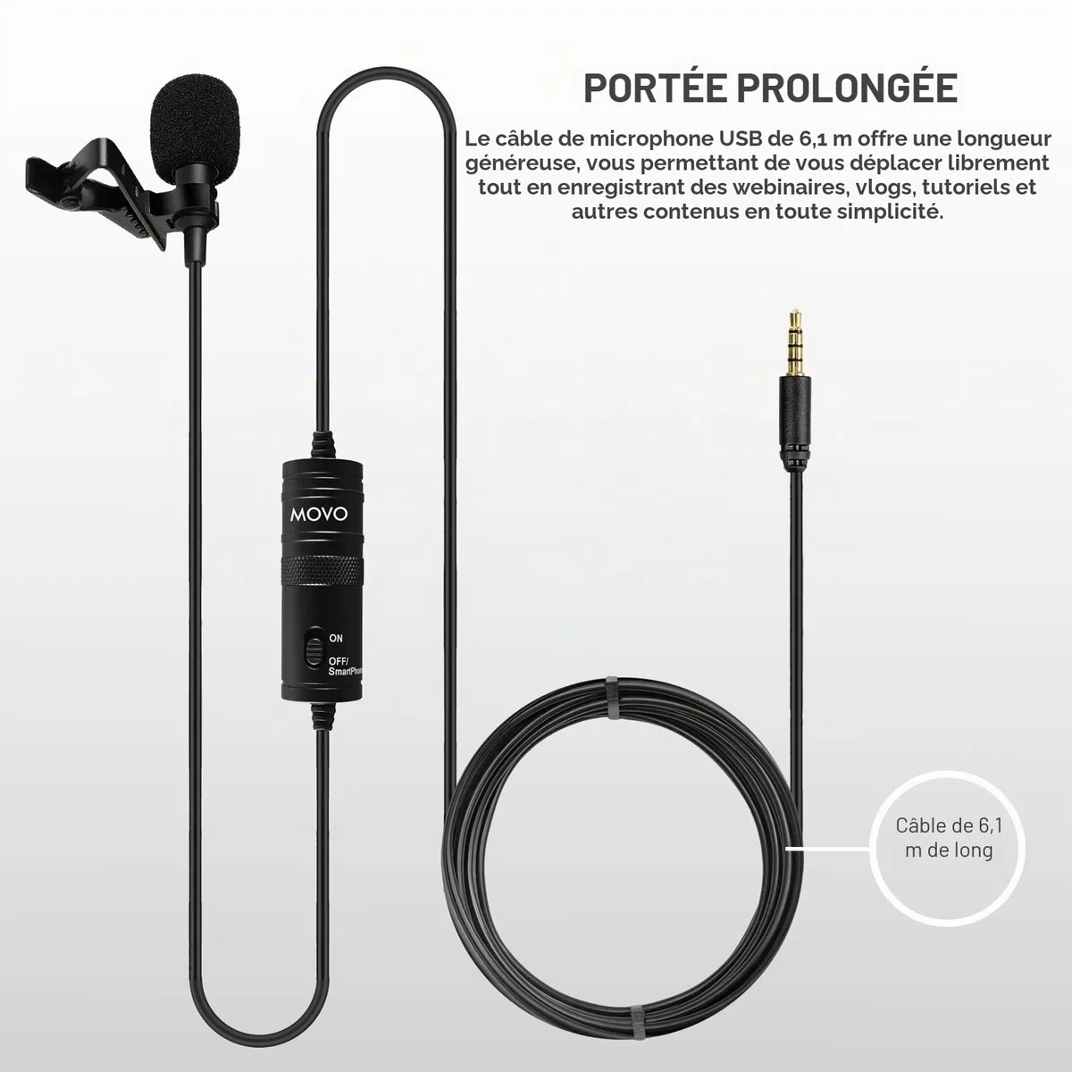Microphone Universel Lavalier USB Movo pour Ordinateur avec Adaptateur USB Compatible avec Les PC et Les Mac, Smartphones, appareils Photo, podcasting, Microphone Portable (Cable de 6 mètres)