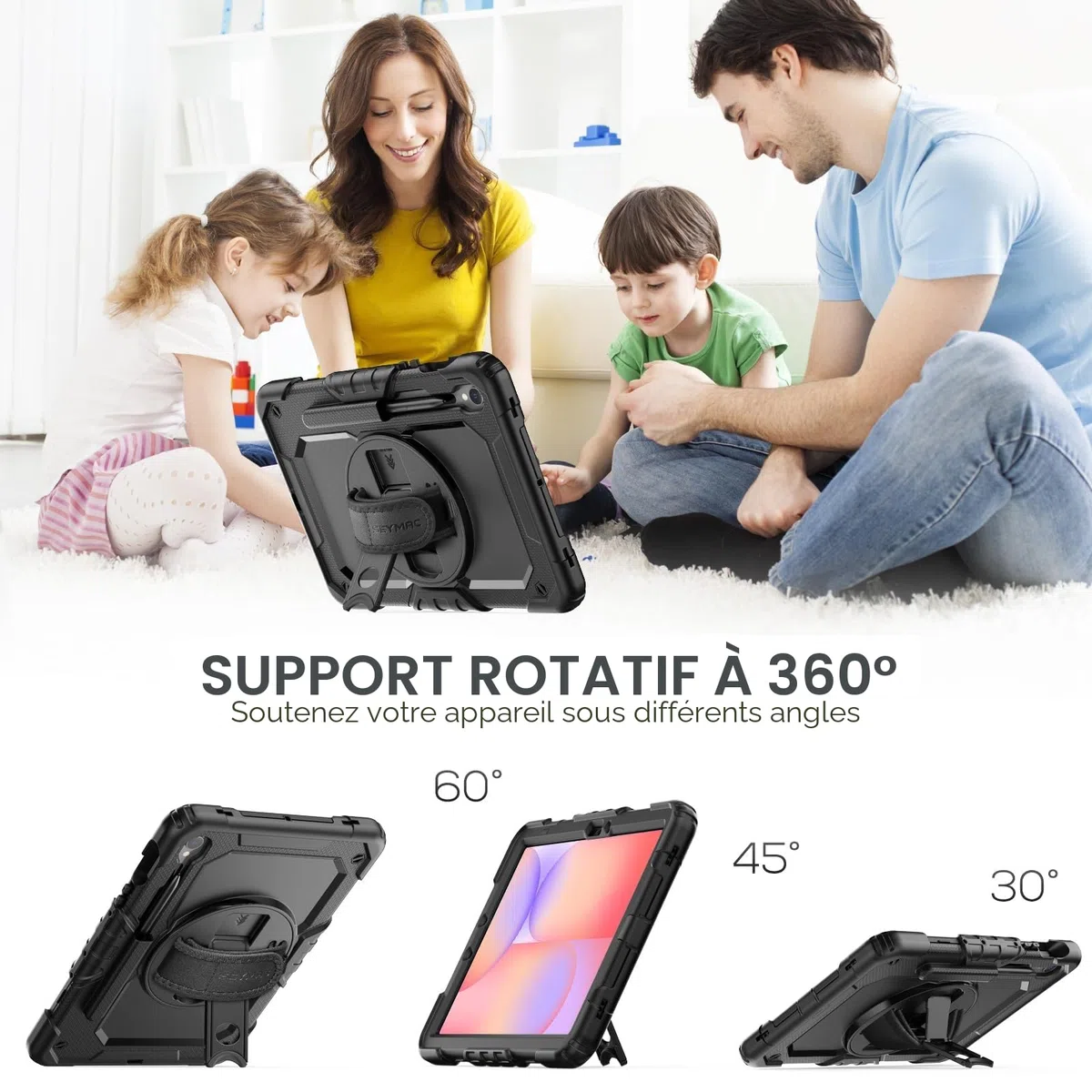 SEYMAC Coque pour Samsung Galaxy Tab S10 Lite / S10 FE / S9 FE 10.9 Pouces / S9 11 Pouces, Coque Antichoc avec Protecteur D'écran, Dragonne, Bandoulière, Support et Porte-Stylo, Noir