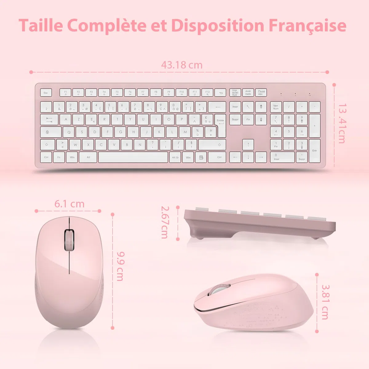 LeadsaiL Ensemble Clavier et Souris sans Fil, Ultra Mince and Silencieux Clavier AZERTY Français Pleine Taille 2.4G avec Récepteur USB pour PC, Ordinateur Portable, Windows, Mac -Rose