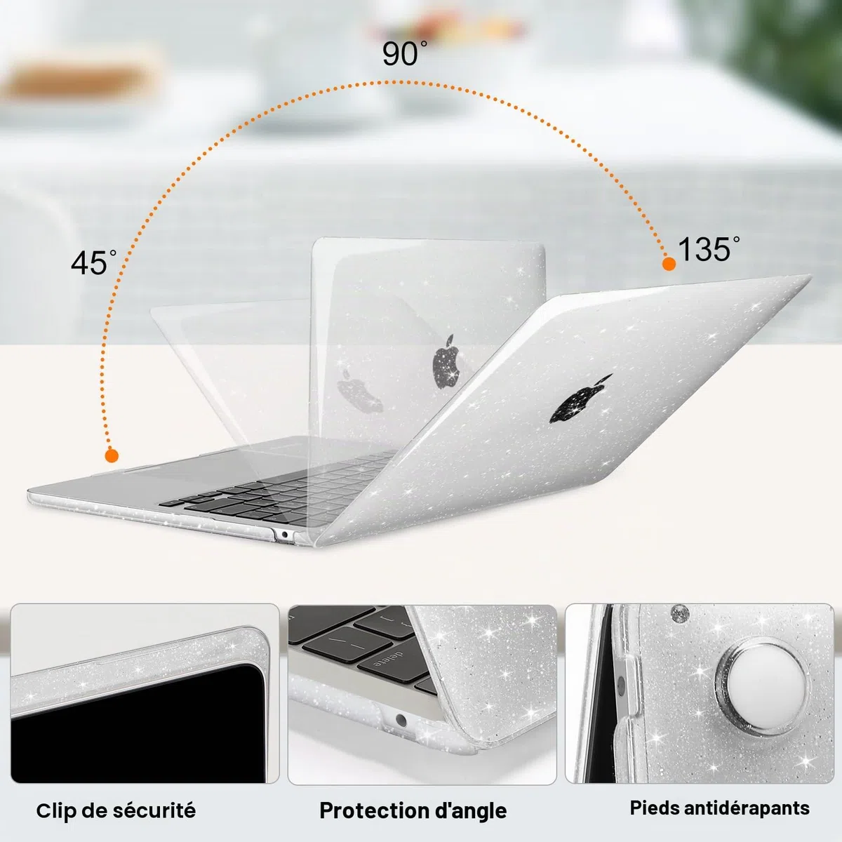 MOSISO Coque Compatible avec MacBook Air M5 M4 M3 M2 13,6 Pouces 2026-2022 A3449 A3240 A3113 A2681,Pailleté Étui RigidePour Mac Air 13 Pouces&Housse Clavier&ScreenFilm&Sac Rangement,Transparent