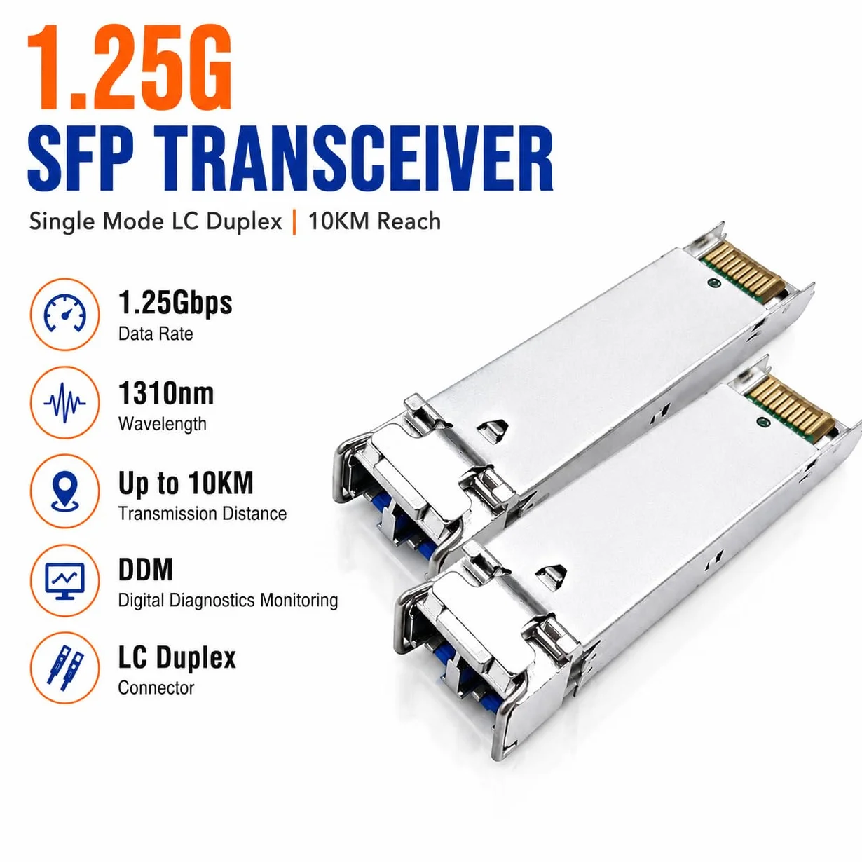 Elfcam - 2 Pack 1,25Gb SFP Module de Transceiver à Fibre Optique 1310nm 10km, Connecteur de Fibre Optique LC/UPC Monomode Duplex Compatible avec Cisco, Ubiquiti Networks, Huawei, D-Link, Open Switch