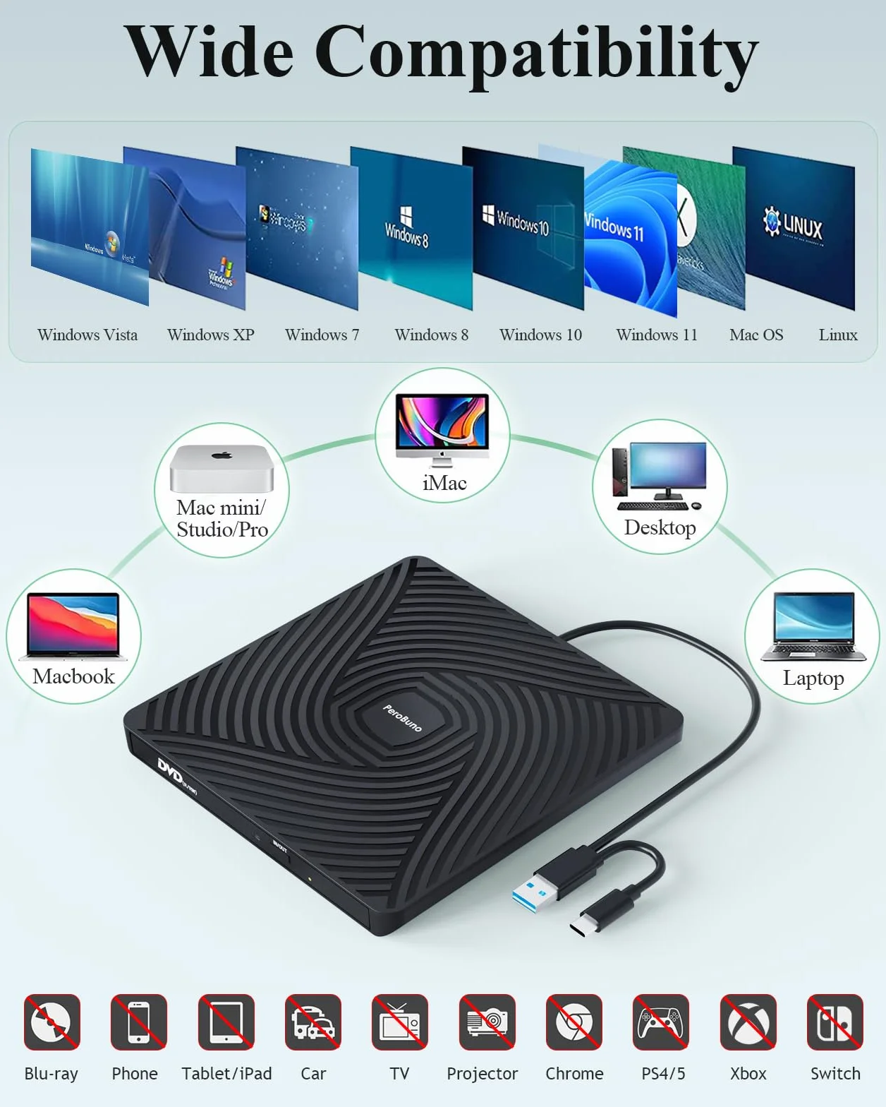 PeroBuno Lecteur CD DVD Externe pour PC, USB 3.0 et Type-C Graveur DVD Externe, Lecteur DVD ROM Externe Portable Ultra-Mince de 0,5 Pouce pour Laptop, Macbook PC Windows 11/10/8/7 Linux Mac OS