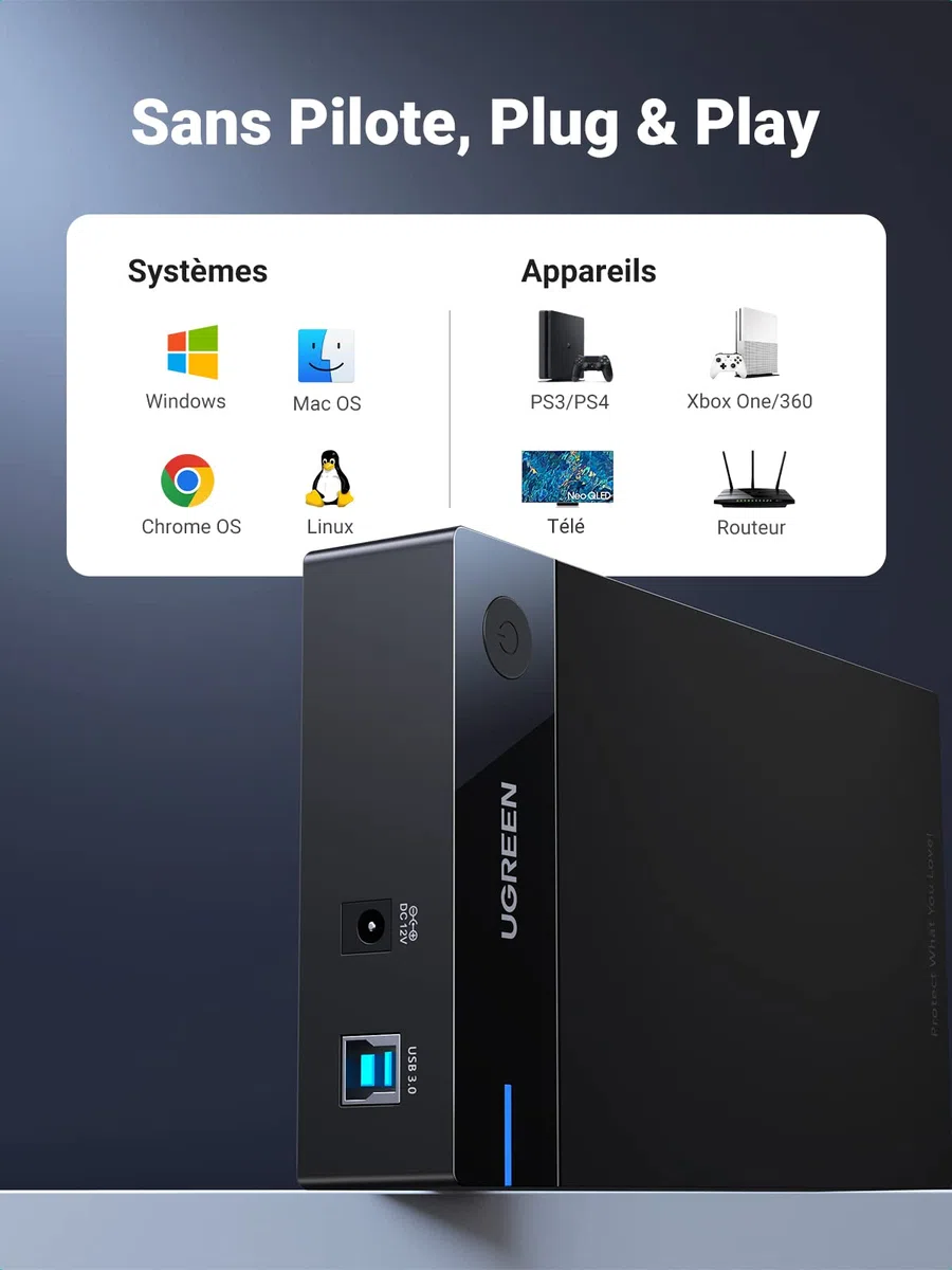 UGREEN Boîtier Disque Dur 3,5 Pouces Externe Adaptateur USB 3.0 vers SATA Disque Dur 3,5 2,5 Pouces HDD SSD Supporte UASP 5Gbps, Alimentation Supplémentaire 12 V 2 A Inclus