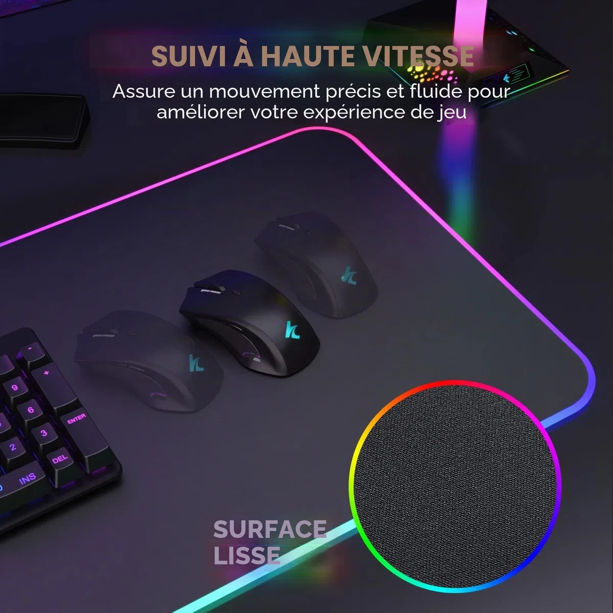 Hcman RGB Tapis de Souris de Jeu Grand, Epais (800×300×4mm) Tapis de Souris en LED Etendu de Taille XXL avec Base Antidérapante en Caoutchouc, de Clavier d’Ordinateur Doux