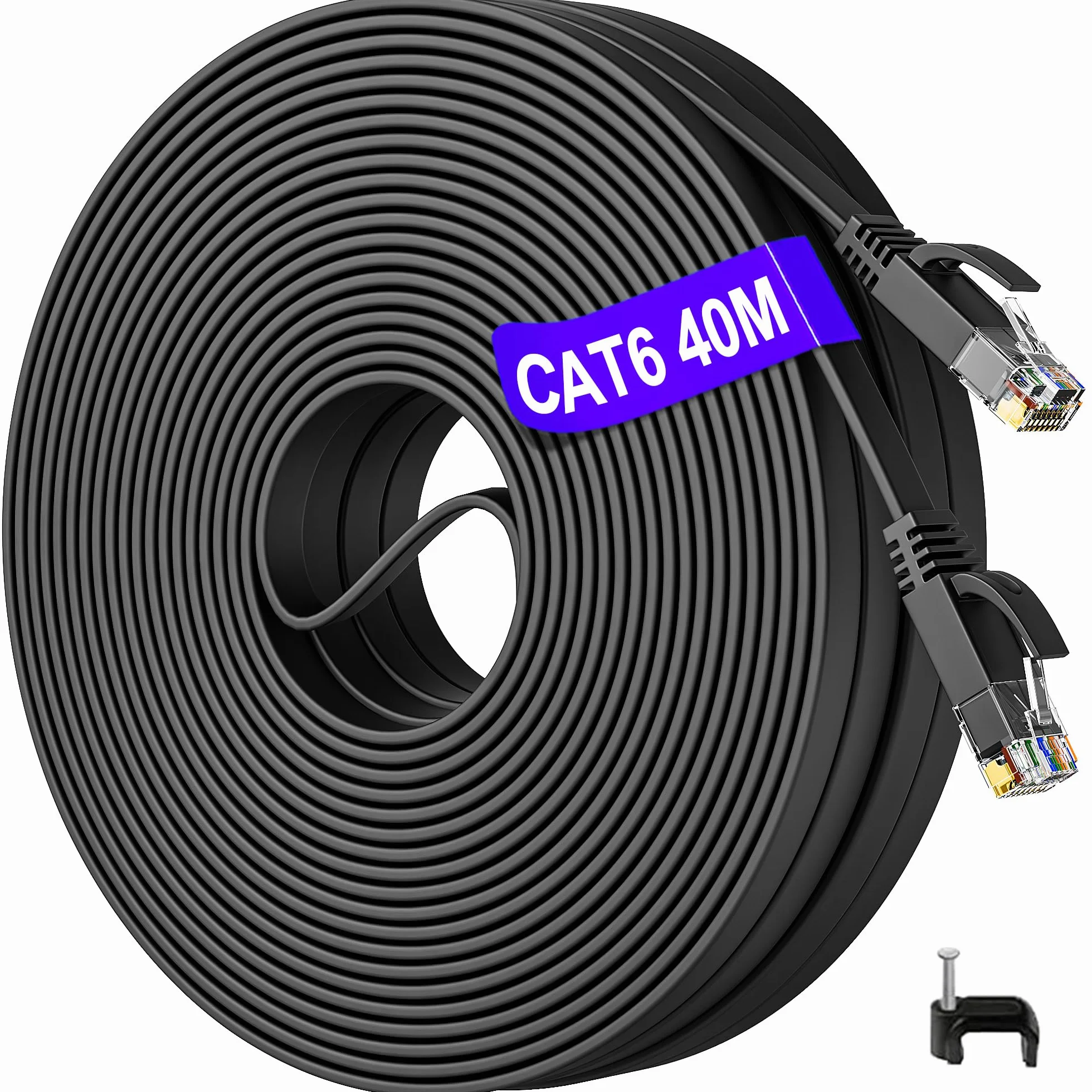 Soibke Cable Ethernet 40m, RJ45 Cat 6 Câble Réseau LAN Haut Débit Fibre Plat 1000Mbit/s Extérieur Intérieur, Fil Ethernet Noir Câble Internet Gigabit Cable Wifi 40m pour Routeur Modem