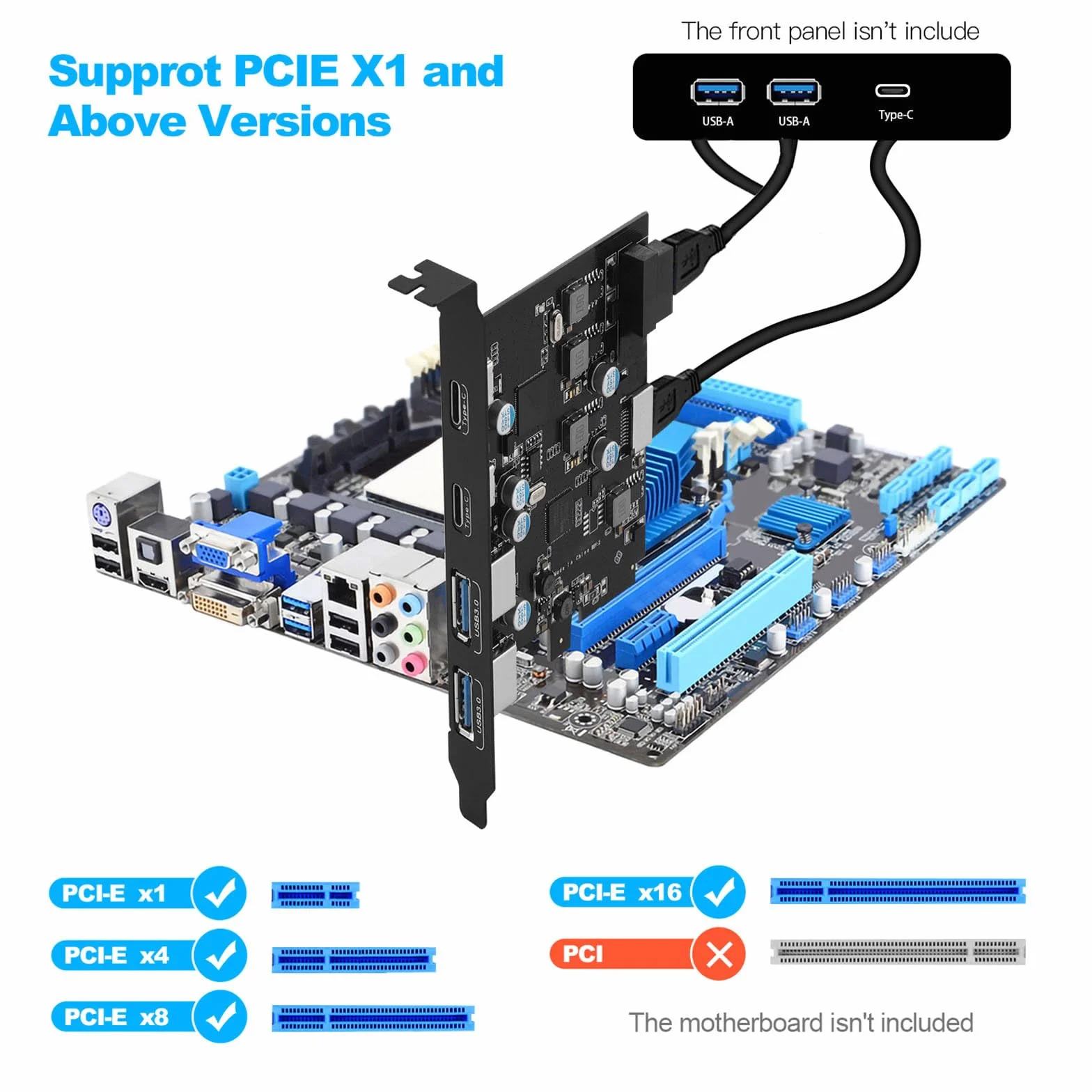 Carte d'extension PCIe avec 6 Ports USB 3.0, 2 Ports Type-A, 2 Ports USB-C, Connecteur 19-Pin et Type-E pour Windows 11/10