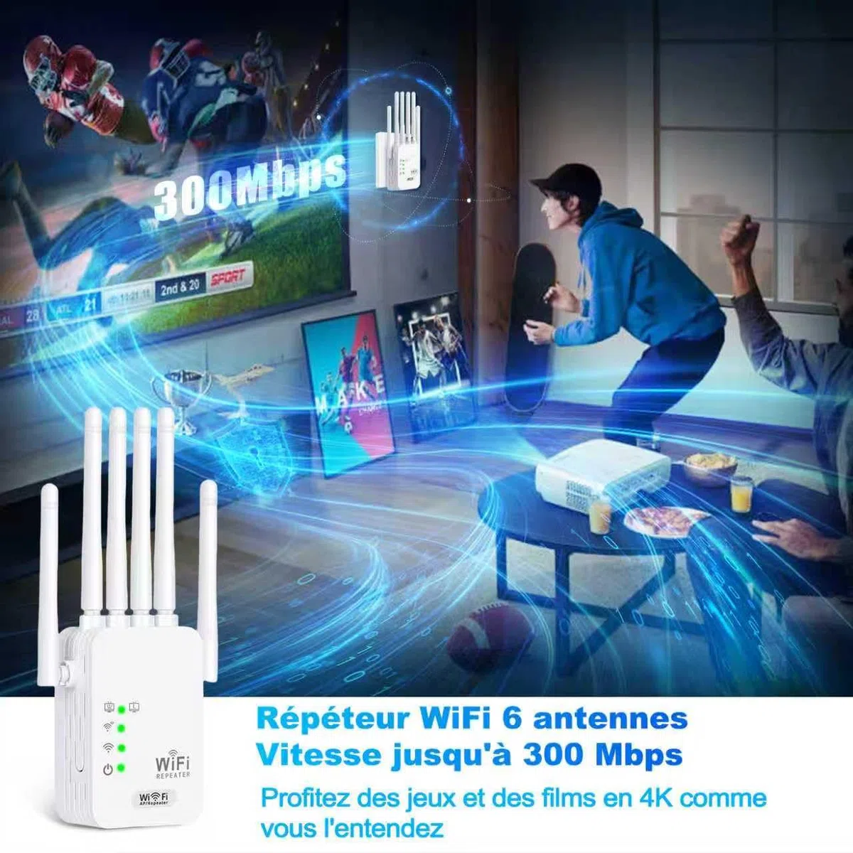 Repeteur WiFi Puissant, Amplificateur Répéteur WiFi 6 Dual Band,repeteur WiFi Puissant avec 6 Antennes Puissantes, 2 Ports LAN,repetiteur WiFi Puissant sans Fil-