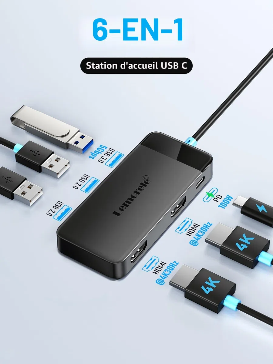Lemorele 6 in 1 USB C Hub, Dual HDMI 4K, PD 100W, USB 3.0, 2*USB 2.0, Docking Station for MacBook, Dell, Surface, Steam Deck, Switch