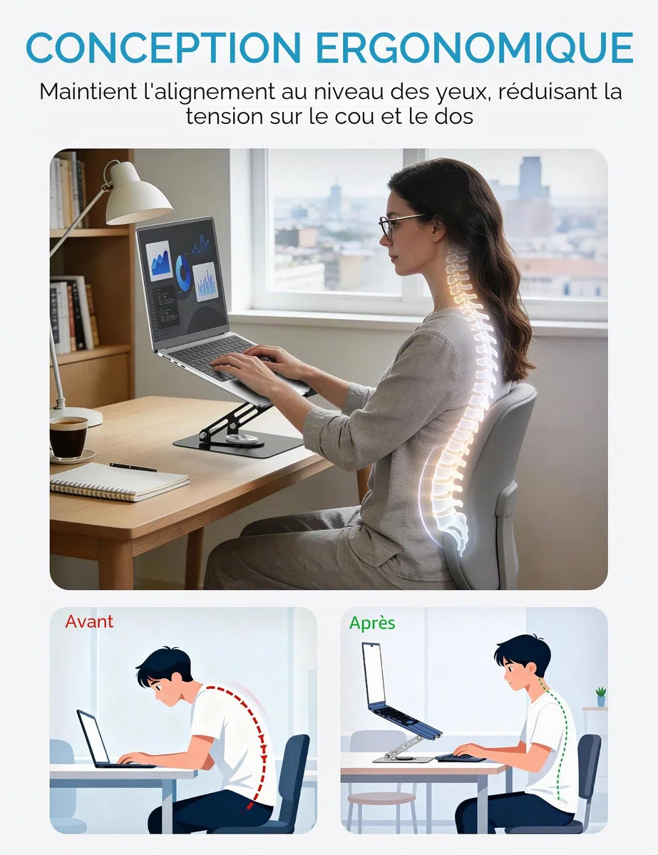 SOUNDANCE Support pour Ordinateur Portable avec Base rotative à 360°, rehausseur Ergonomique pour Bureau, Hauteur réglable Multi-Angle, Support Pliable, Support en métal Stable de 10 à 15,6", Noir