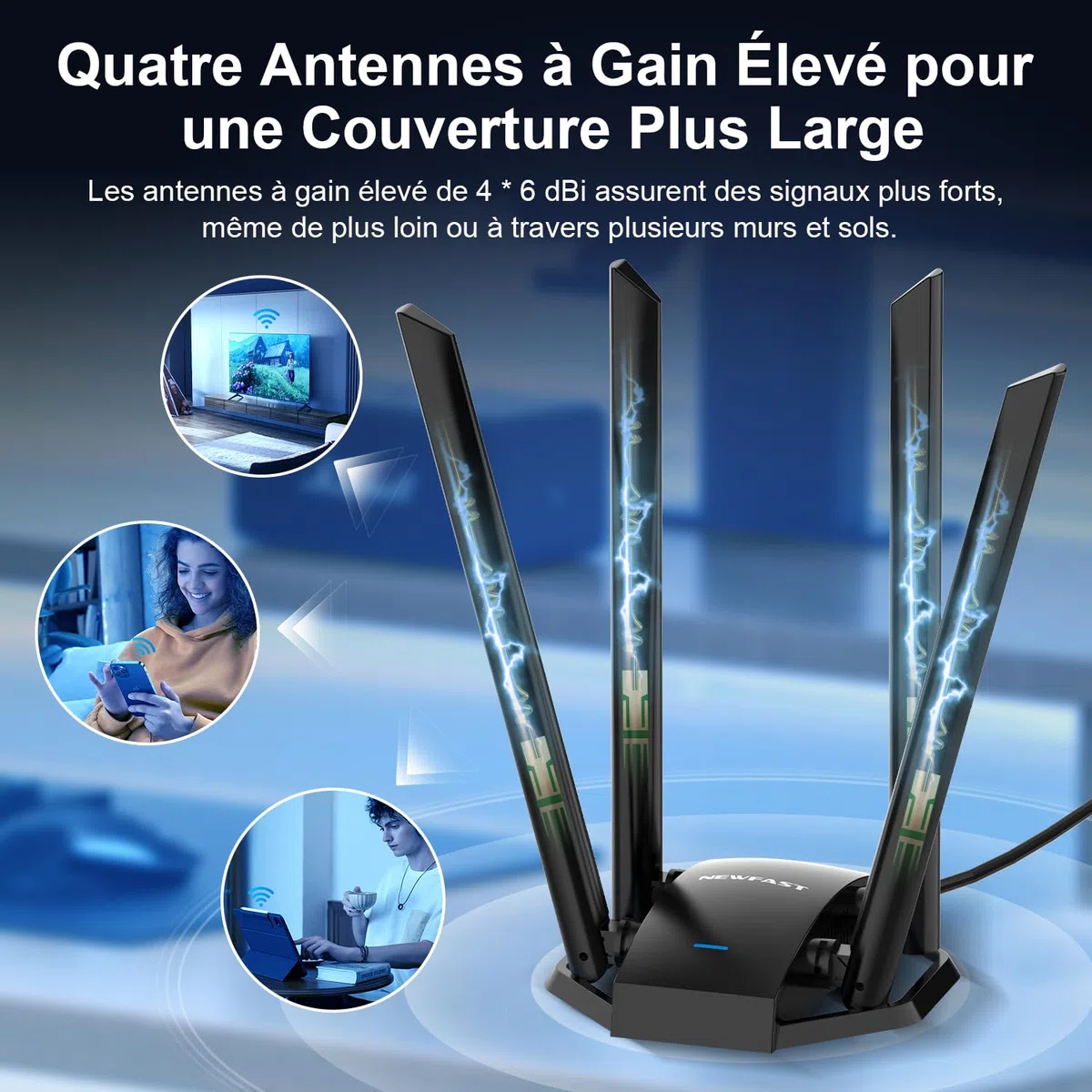 NEWFAST AC1300 Mbps Clé WiFi pour PC U329, Clé WiFi Puissante Double Bande 5G/2.4G Clé Wi-FI USB 3.0, MU-MIMO, Adaptateur USB Wi-FI avec 4 Antenne 6dBi, Compatible avec Windows XP/7/8/8.1/10/11