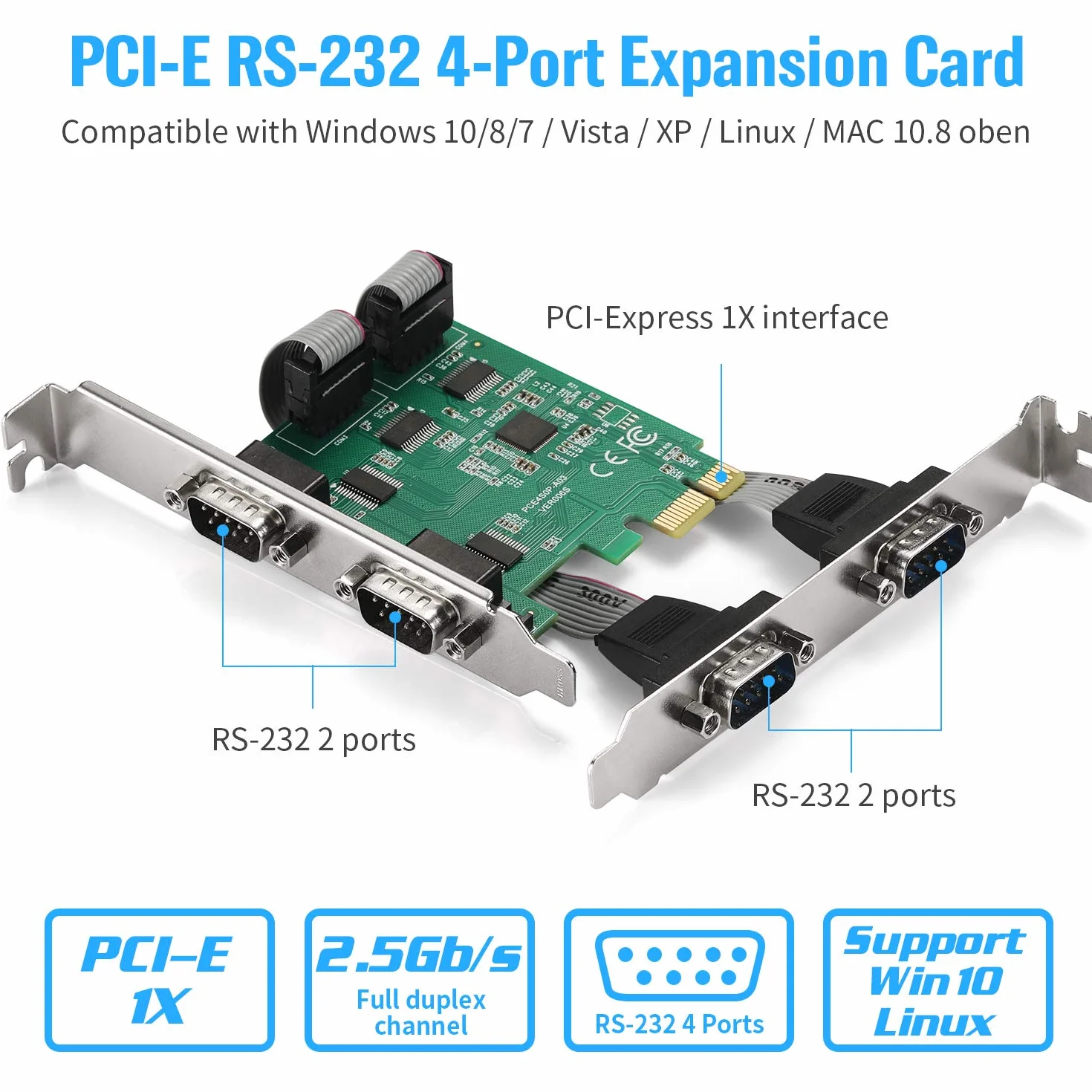 Carte d'extension PCI-Express 1X vers 4 Ports série - Adaptateur 4X DB9 RS232 COM Port pour Réseaux Série et Terminaux POS